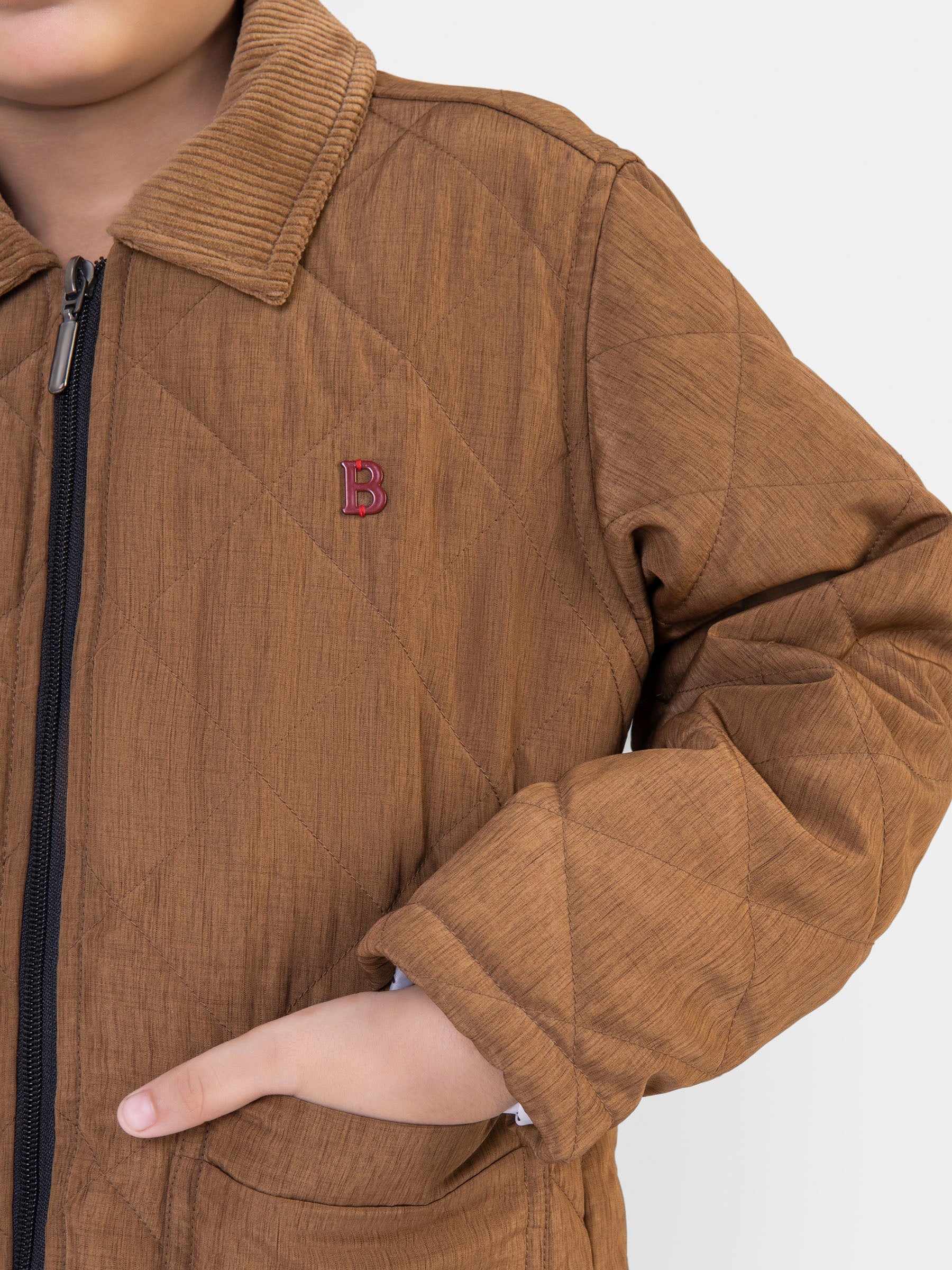 Camel Brown Padded Jacket With Corduroy Collar