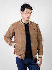 Camel Brown Quilted Bomber Jacket With Contrasting Rib