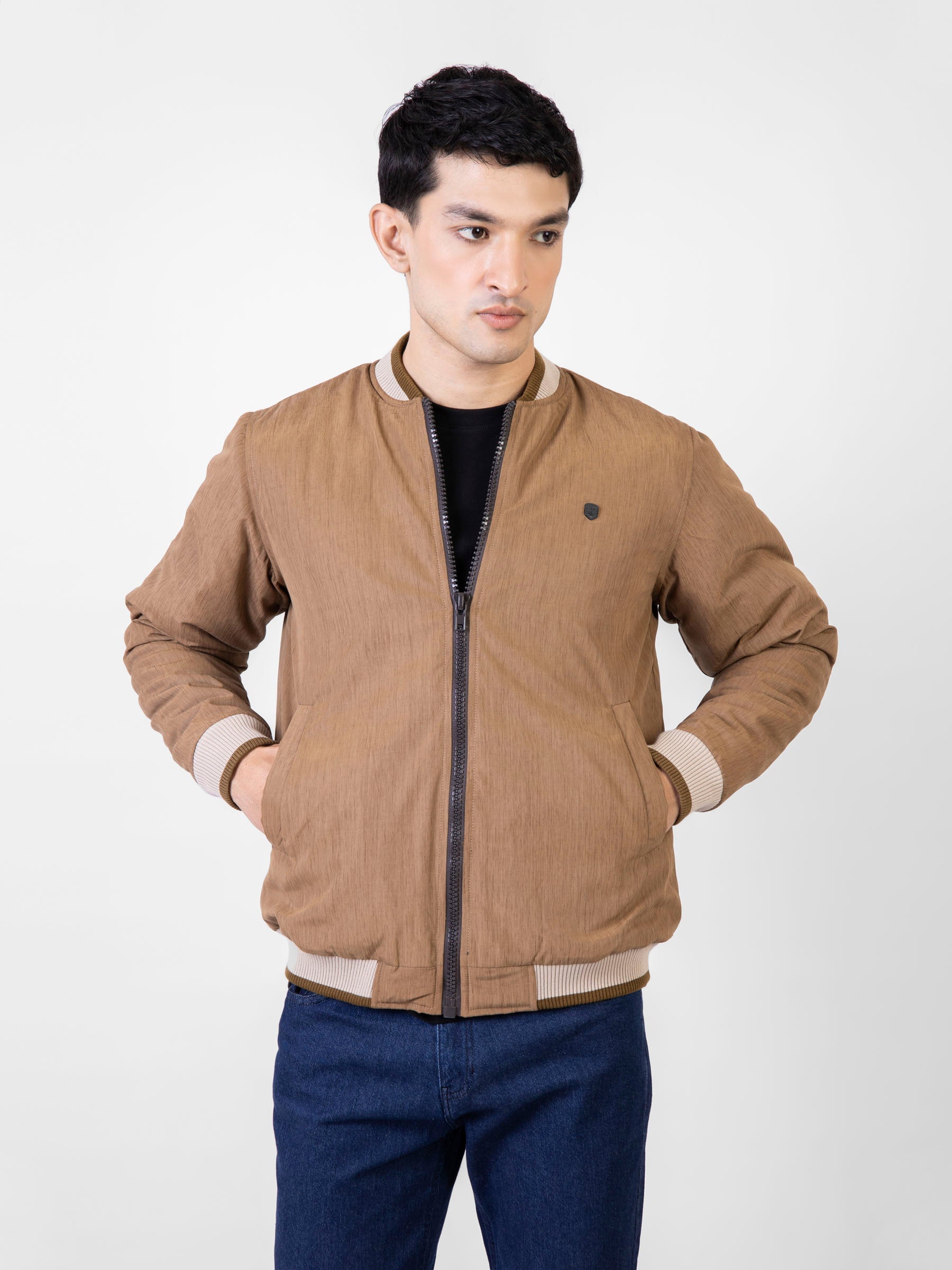 Camel Brown Quilted Bomber Jacket With Contrasting Rib