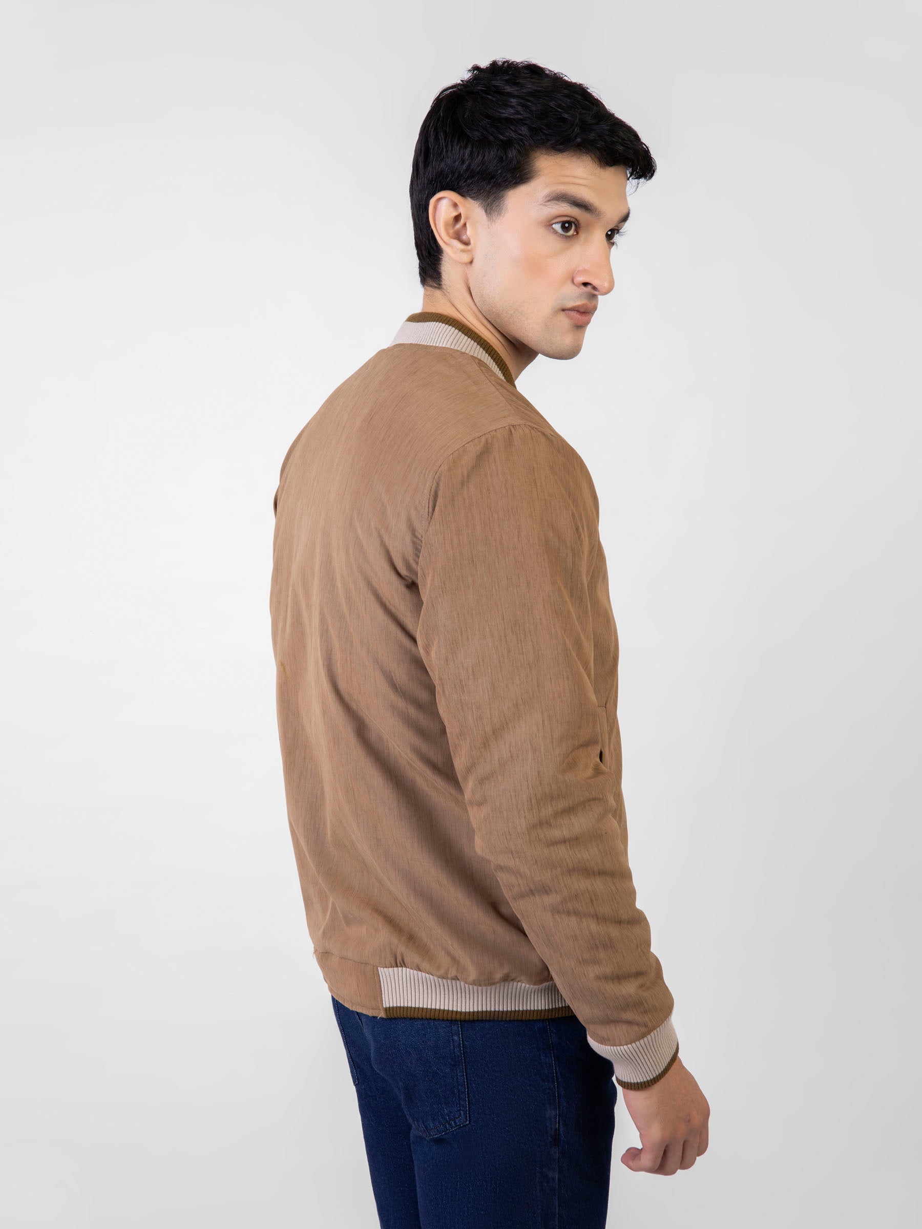 Camel Brown Quilted Bomber Jacket With Contrasting Rib