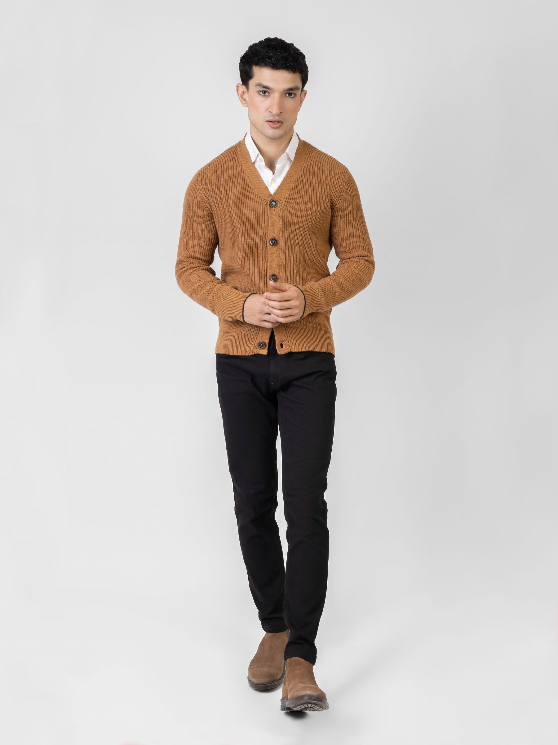 Camel Brown Ribbed V-Neck Cardigan