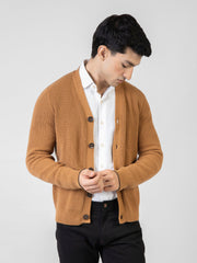 Camel Brown Ribbed V-Neck Cardigan