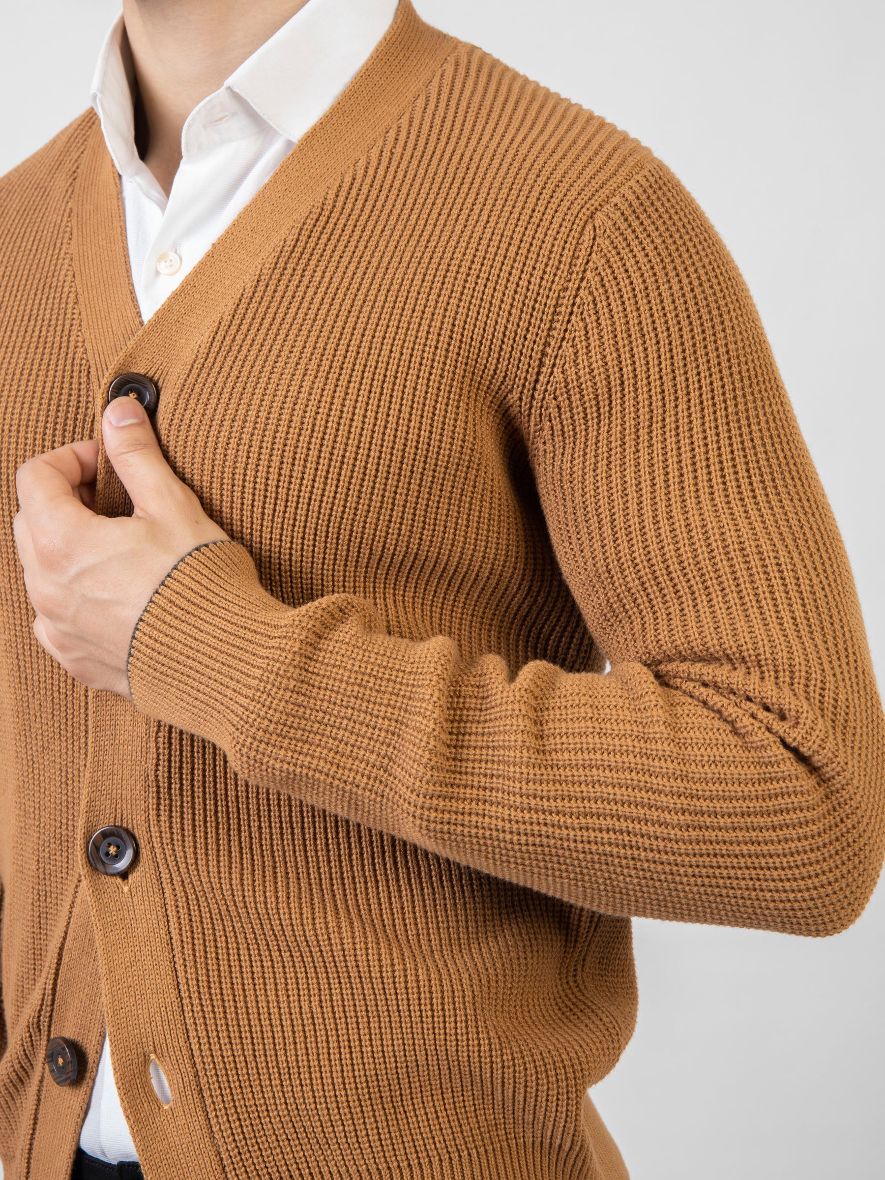 Camel Brown Ribbed V-Neck Cardigan
