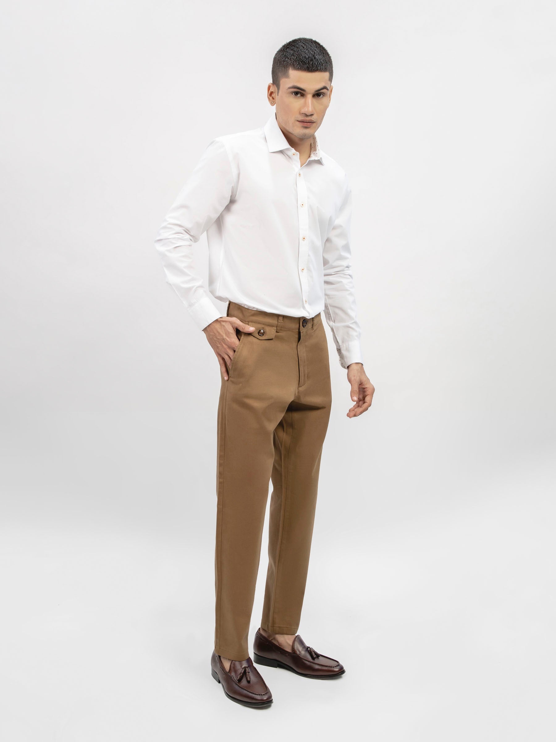 Camel Brown Structured Casual Fit Chinos