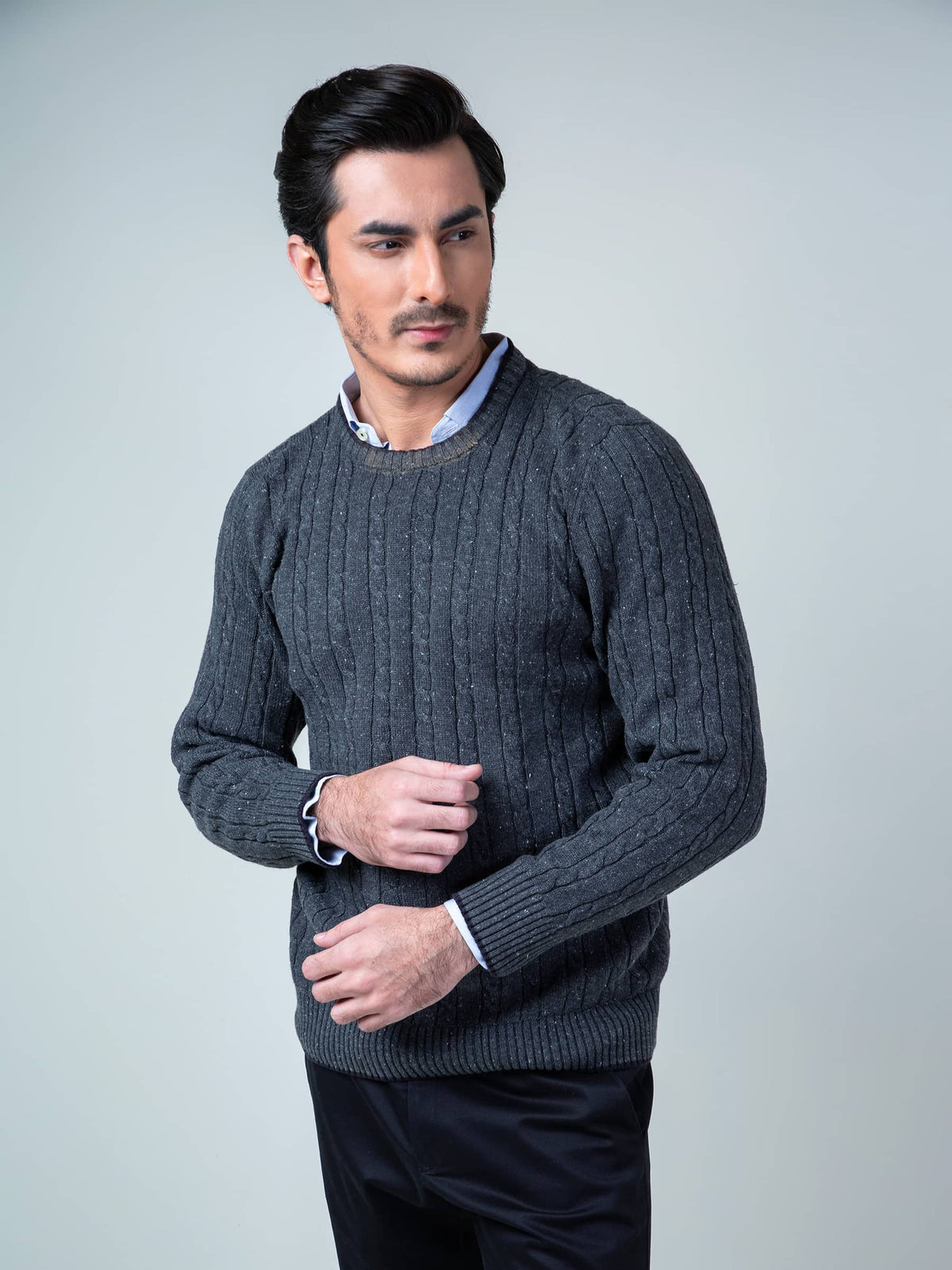 Charcoal Cable Knit Crew Neck Sweater