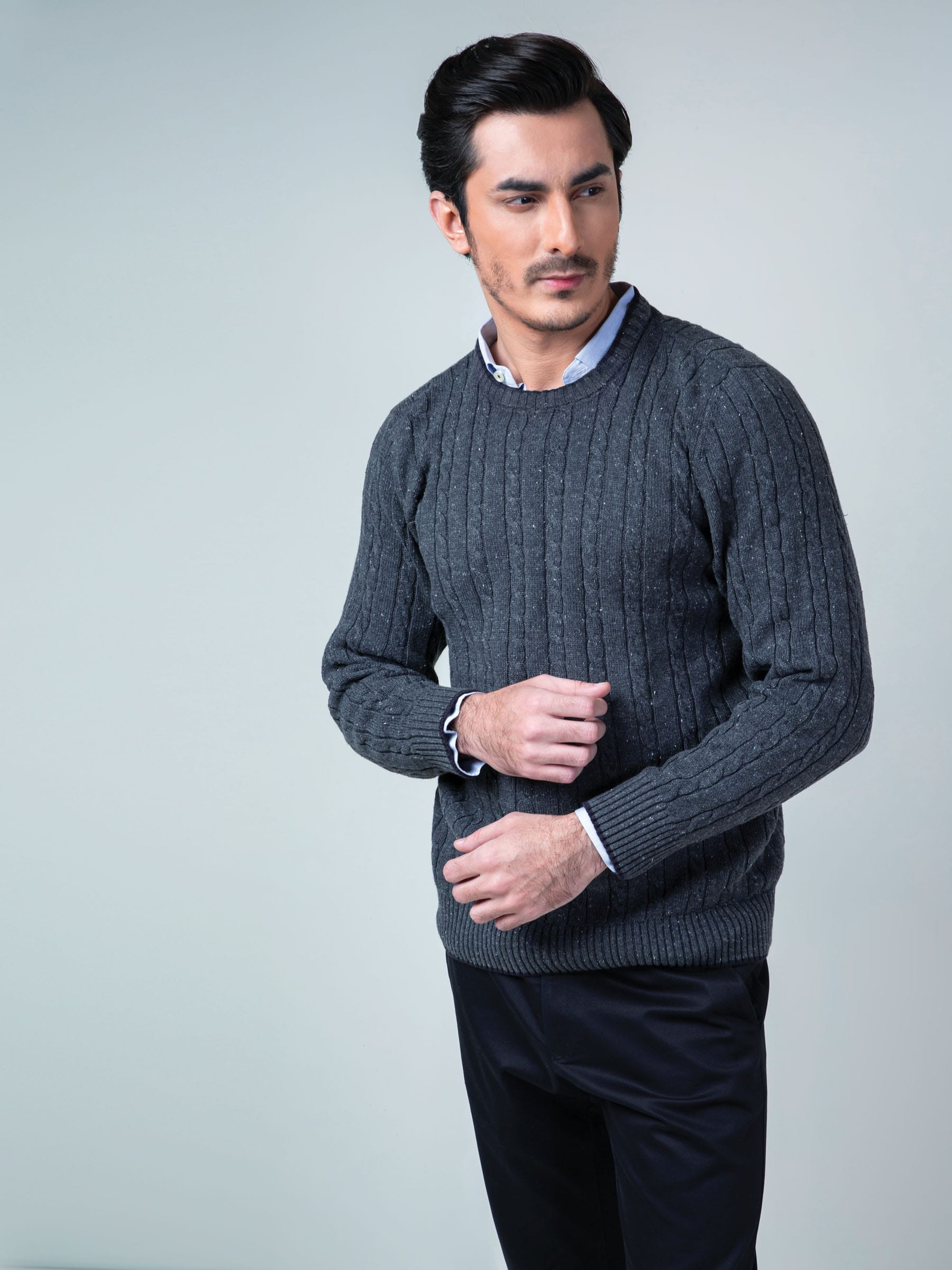 Charcoal Cable Knit Crew Neck Sweater