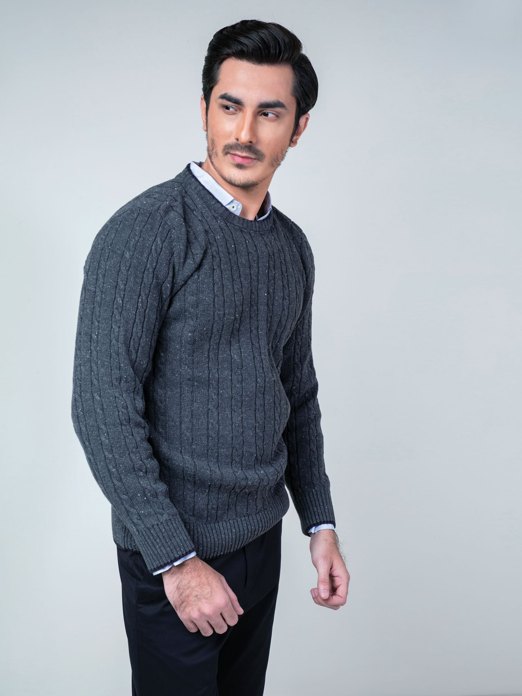 Charcoal Cable Knit Crew Neck Sweater