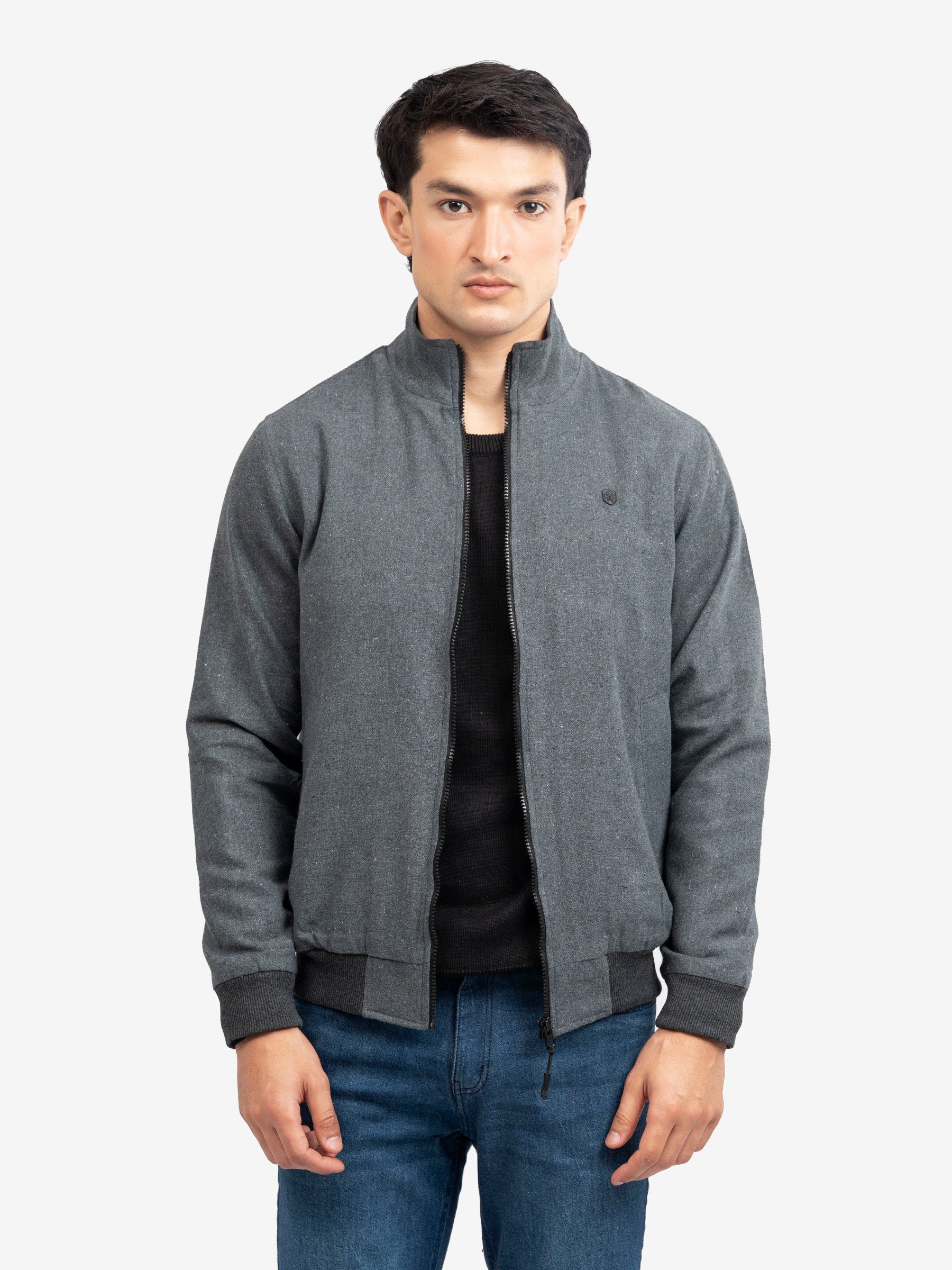 Charcoal Grey Mock Neck Zipper Jacket