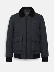 Charcoal Wool Blended Aviator Jacket With Sherpa Collar