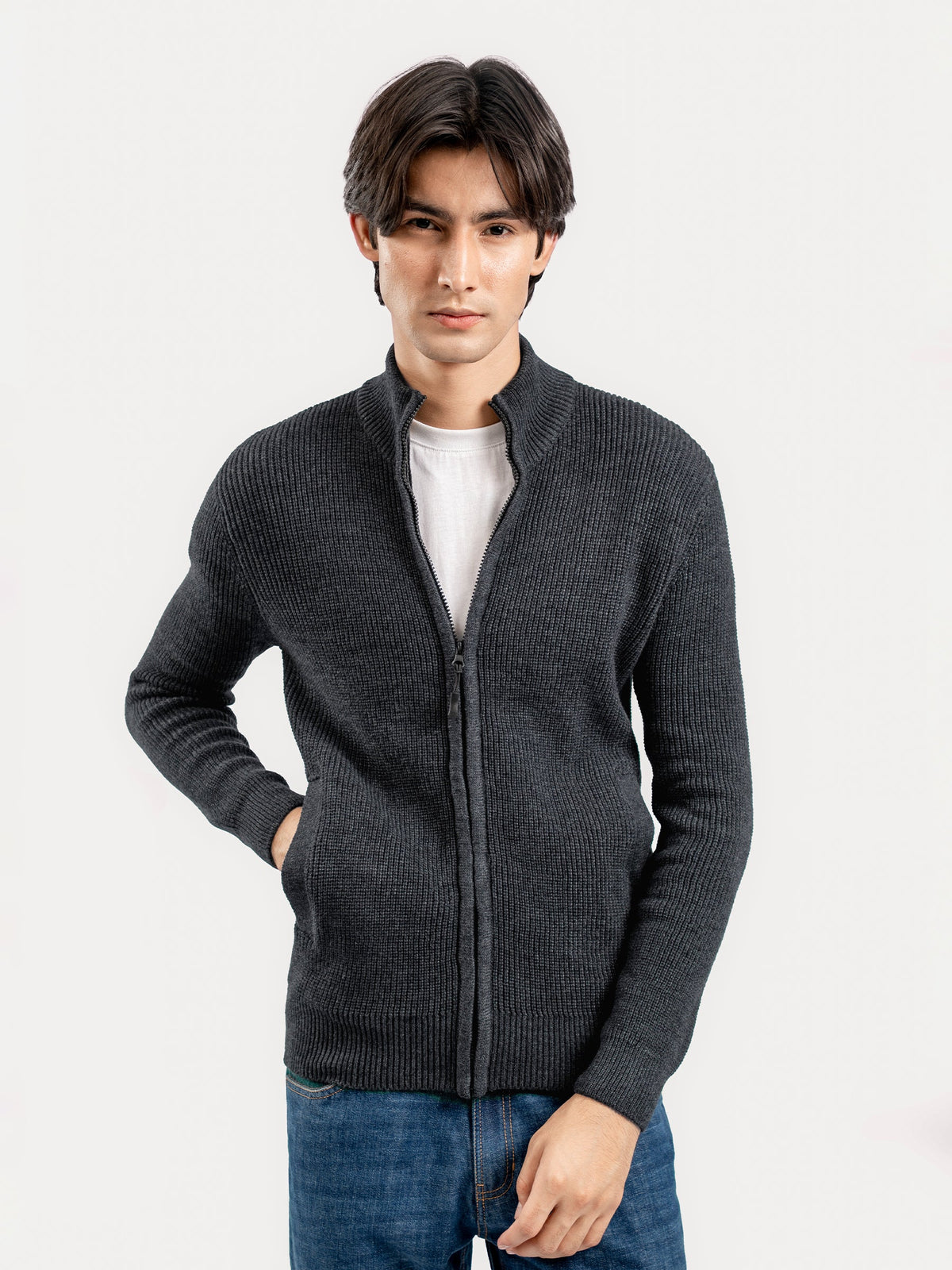 Charcoal Grey Knitted Chunky Zipper Jacket