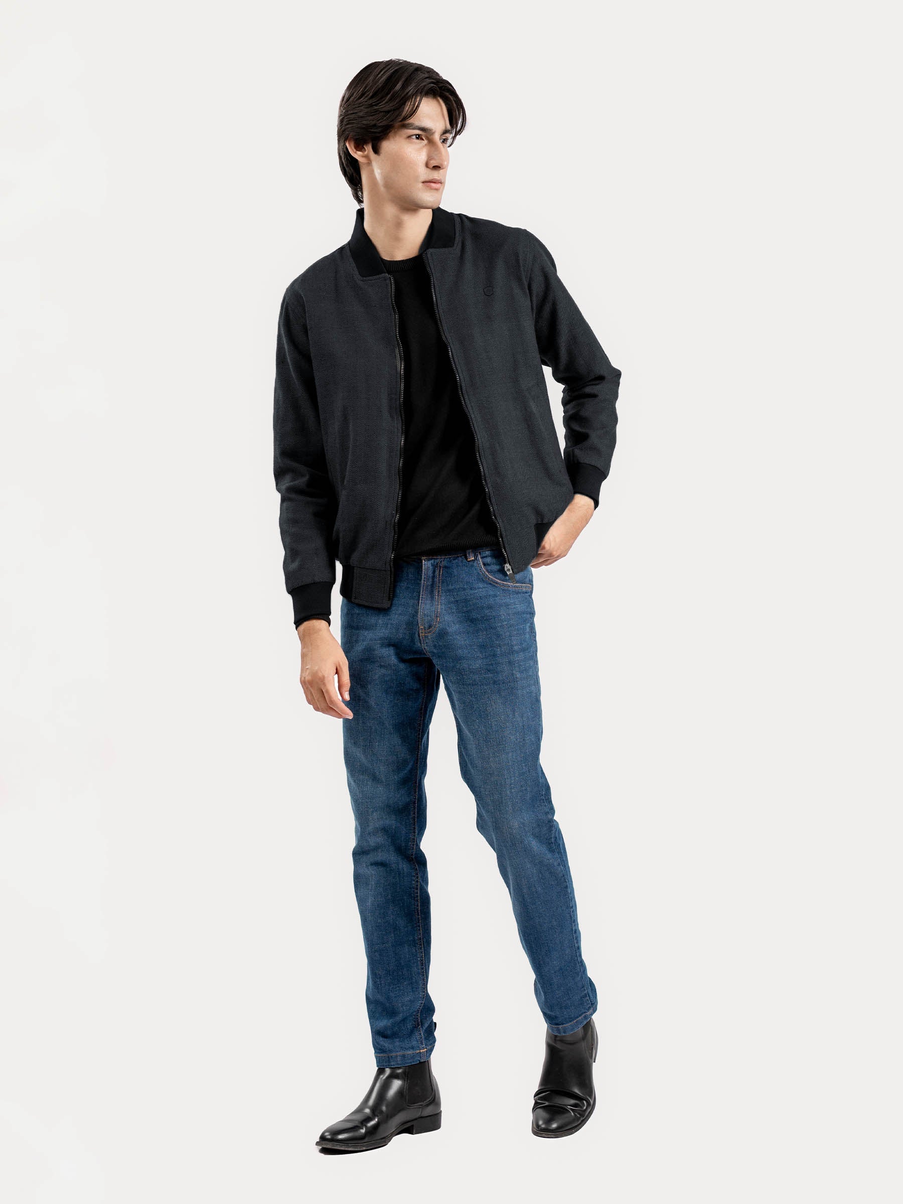 Charcoal Herringbone Structured Bomber Jacket