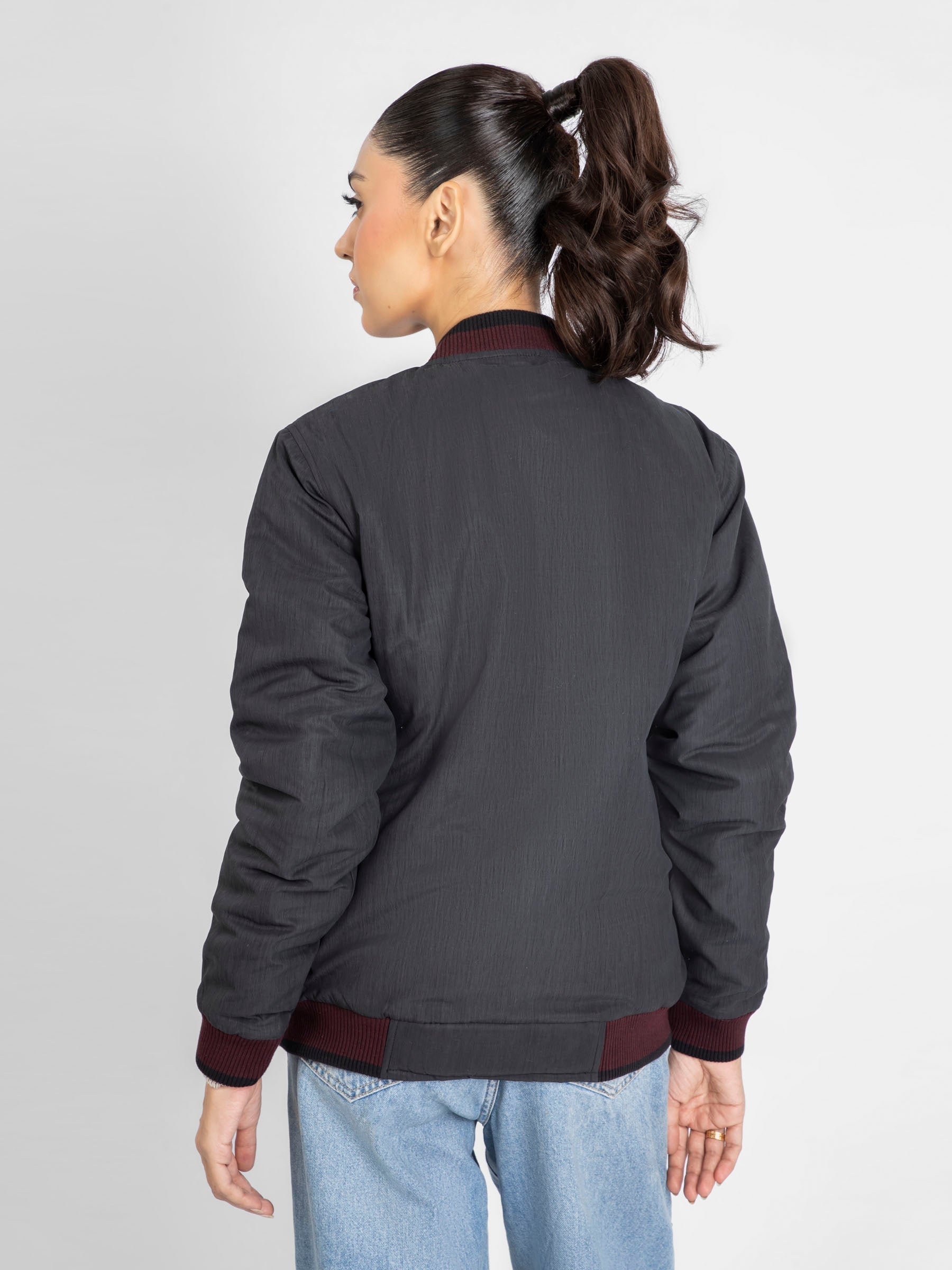 Charcoal Quilted Bomber Jacket With Contrasting Rib - Women