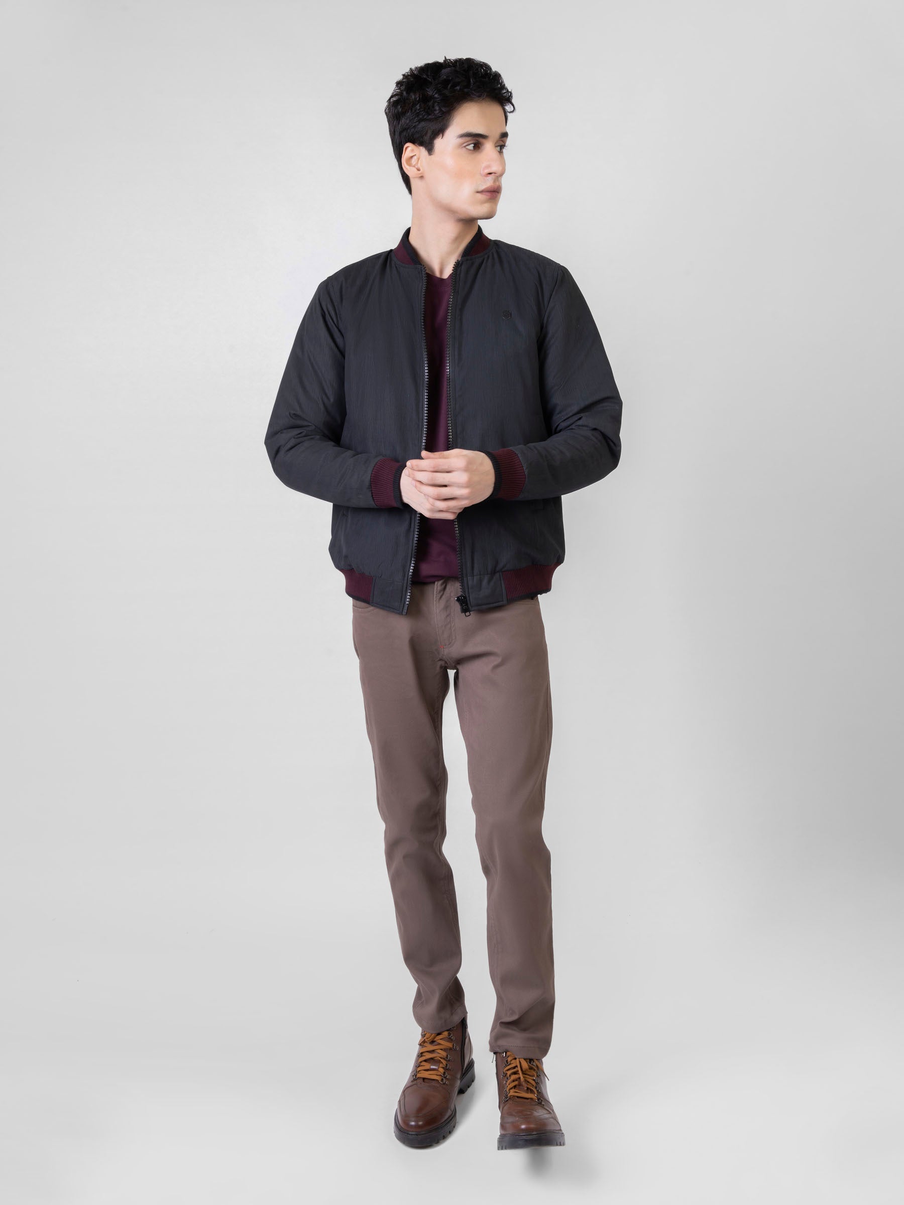 Charcoal Quilted Bomber Jacket With Contrasting Rib