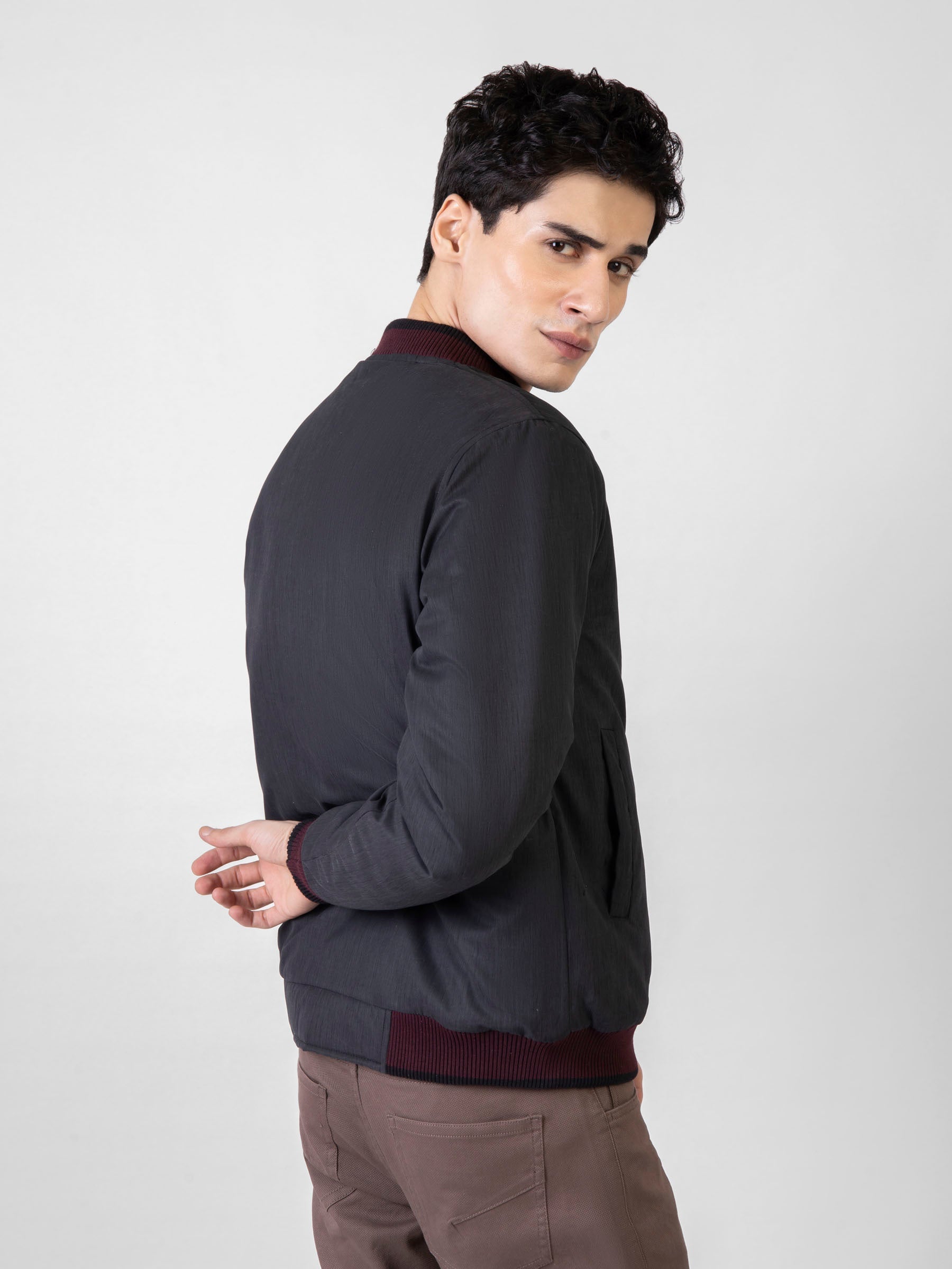 Charcoal Quilted Bomber Jacket With Contrasting Rib