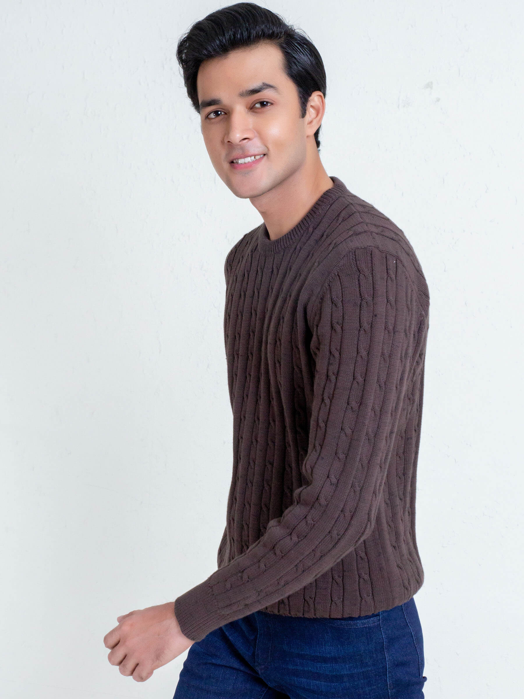 Classic Brown Cable Knit Crew Neck Sweater