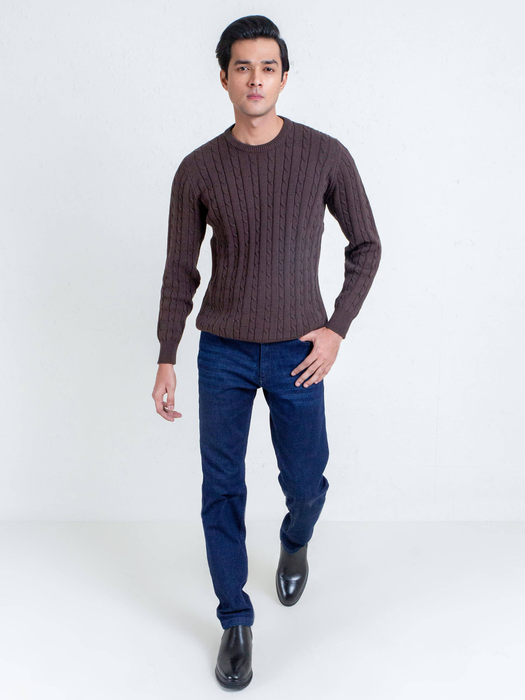 Classic Brown Cable Knit Crew Neck Sweater