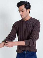 Classic Brown Cable Knit Crew Neck Sweater
