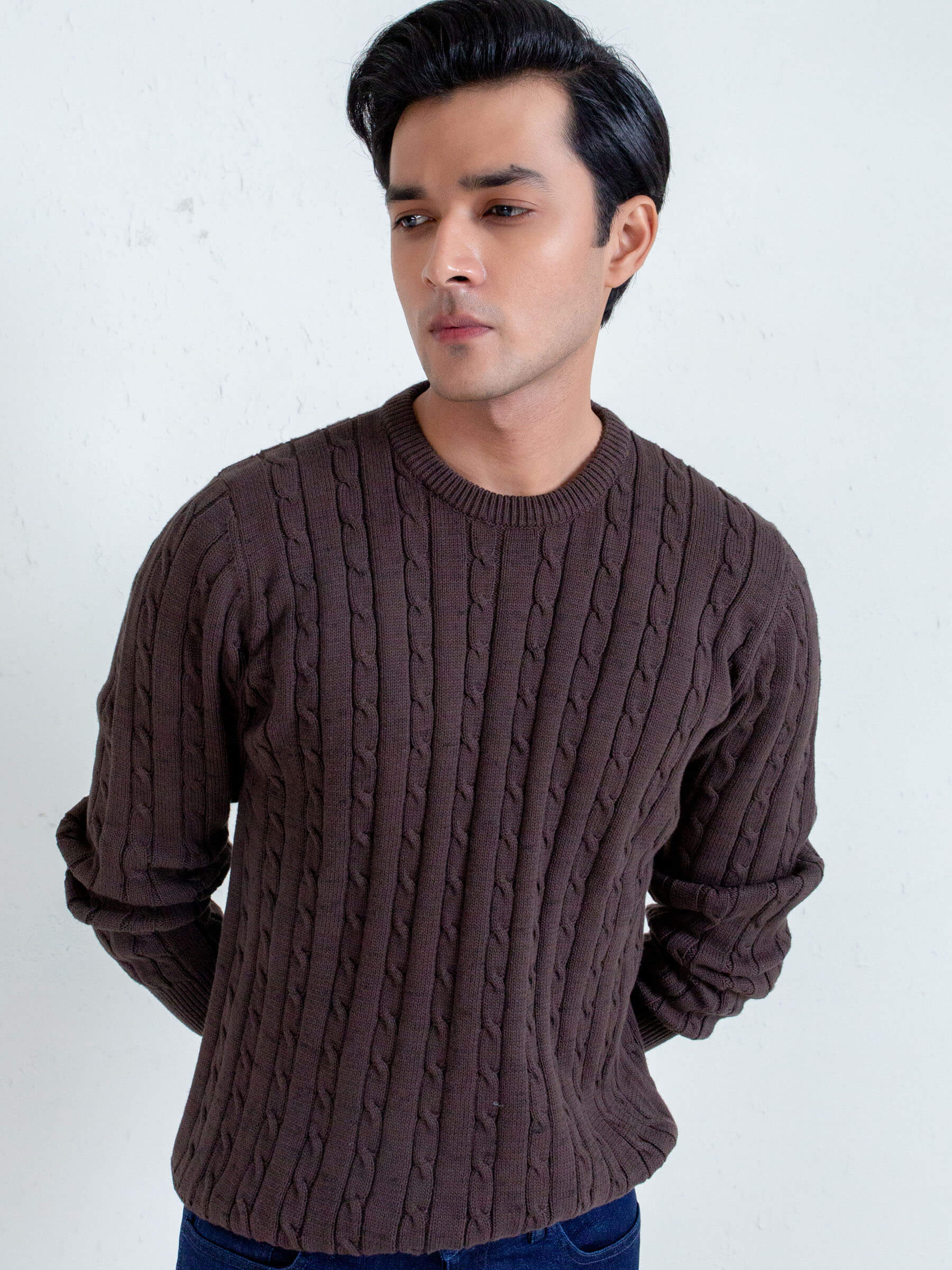 Classic Brown Cable Knit Crew Neck Sweater