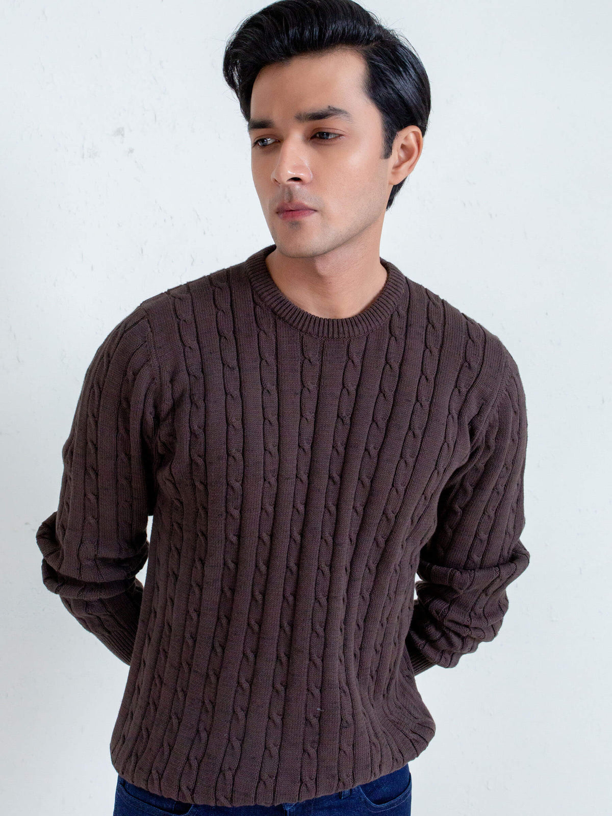 Classic Brown Cable Knit Crew Neck Sweater