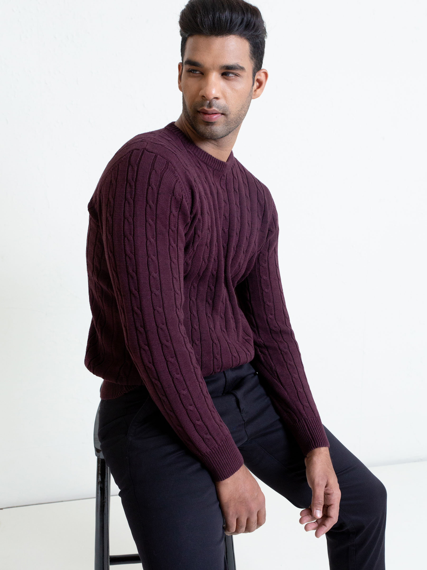 Classic Burgundy Cable Knit Crew Neck Sweater