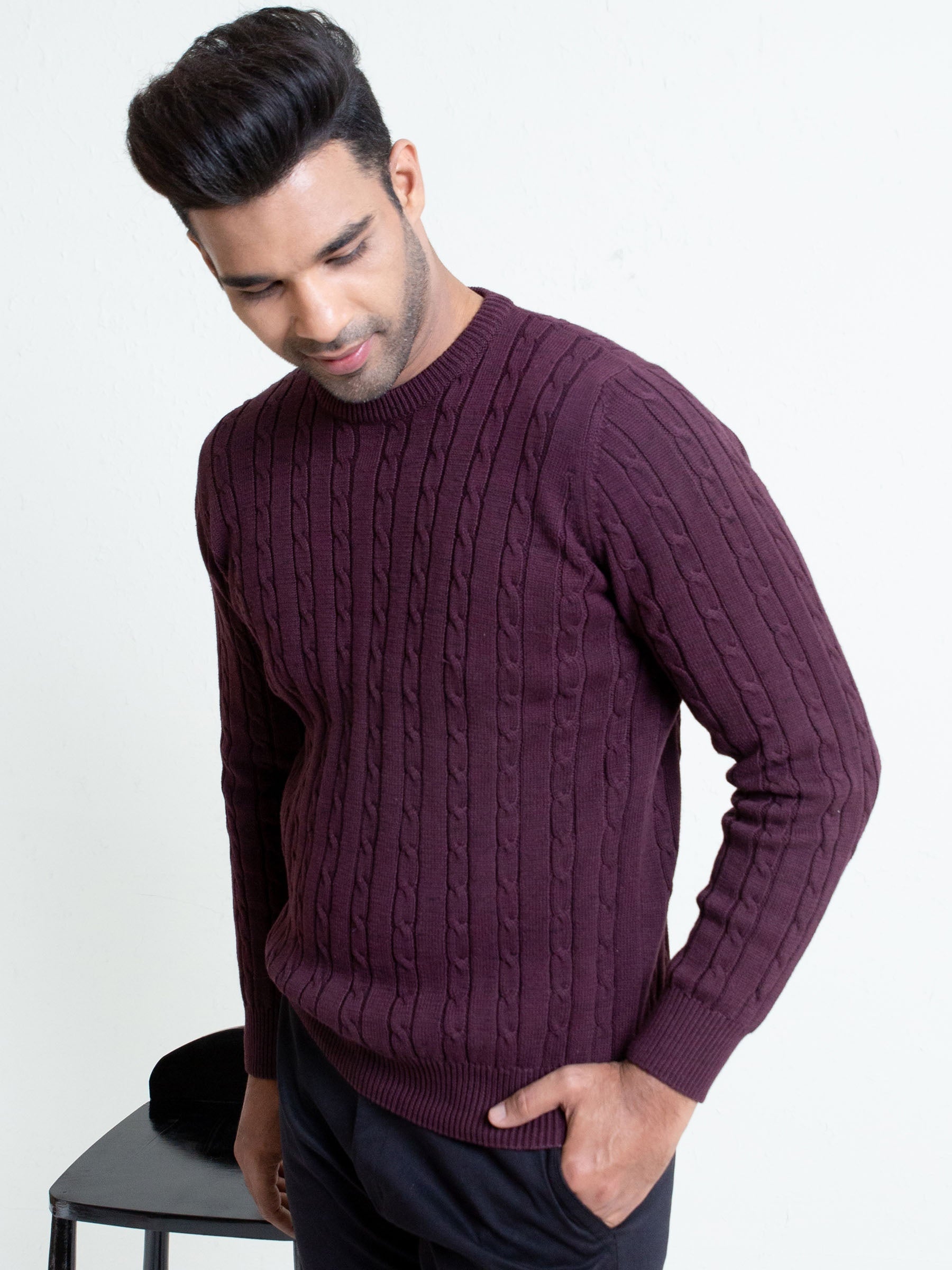 Classic Burgundy Cable Knit Crew Neck Sweater