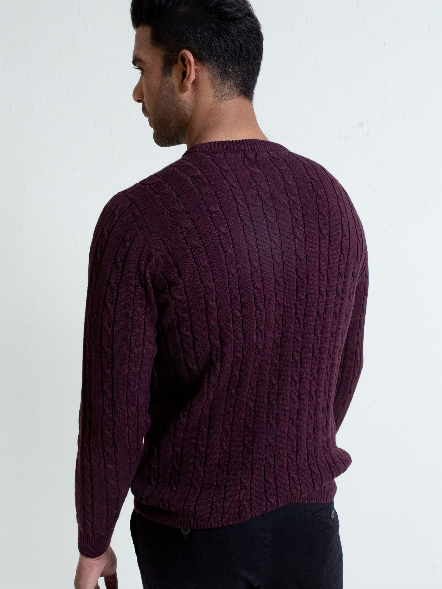 Classic Burgundy Cable Knit Crew Neck Sweater