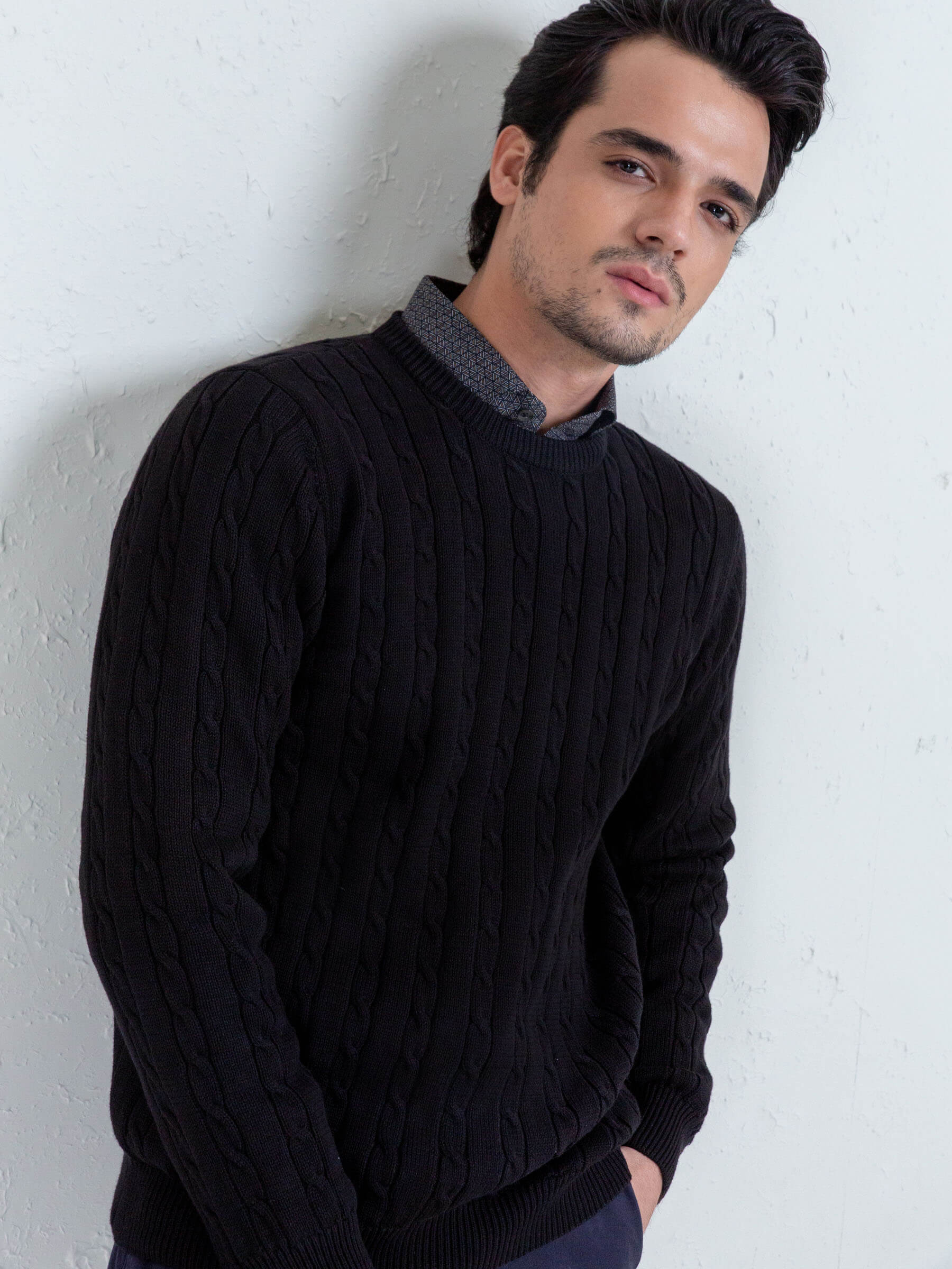 Classic Black Cable Knit Crew Neck Sweater