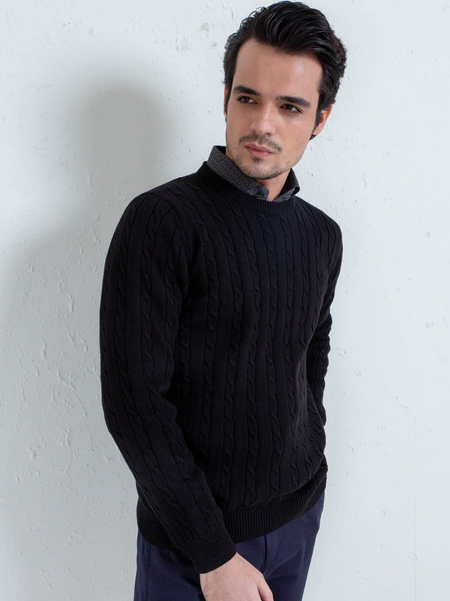 Classic Black Cable Knit Crew Neck Sweater