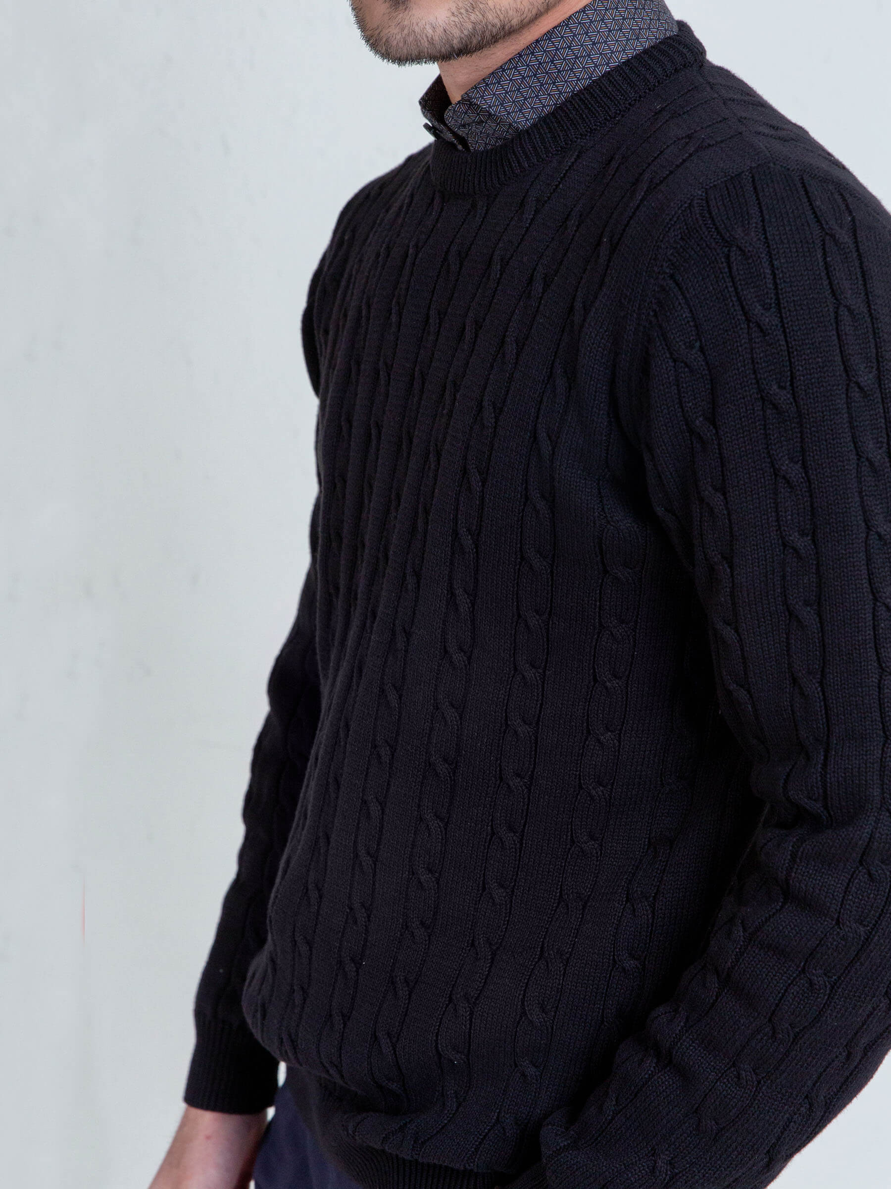 Classic Black Cable Knit Crew Neck Sweater
