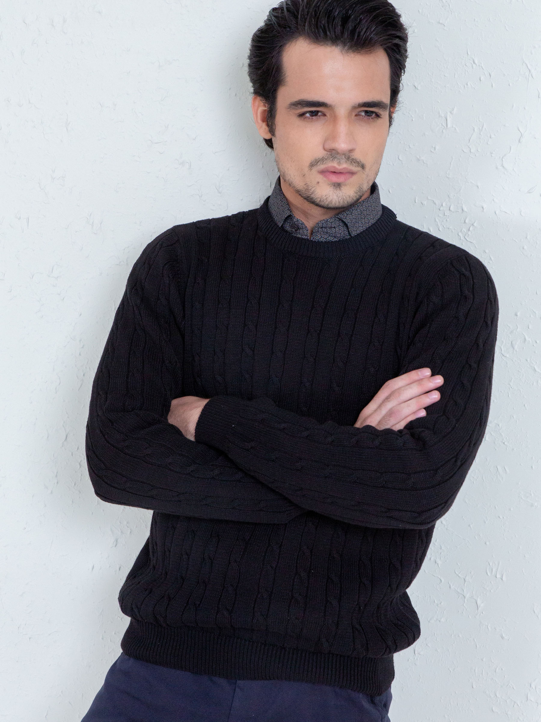 Classic Black Cable Knit Crew Neck Sweater