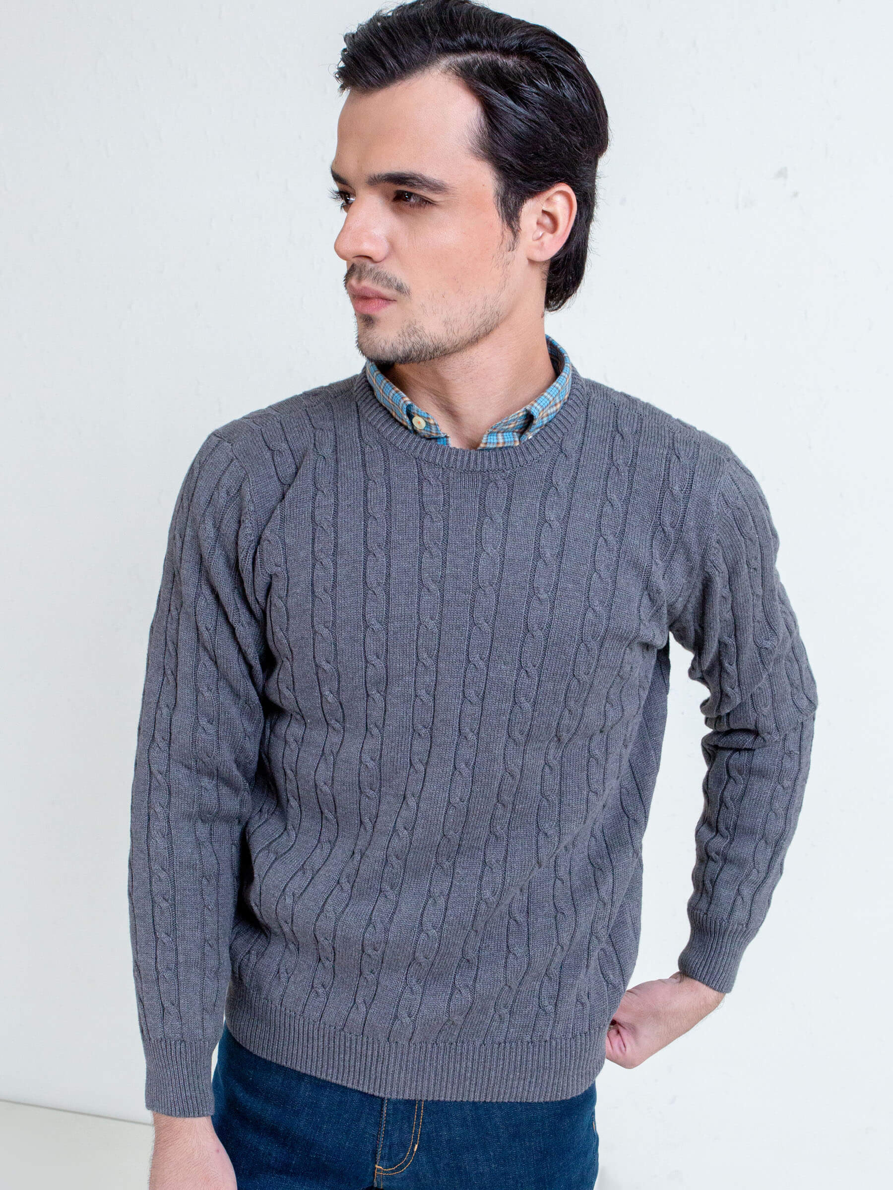 Classic Grey Cable Knit Crew Neck Sweater