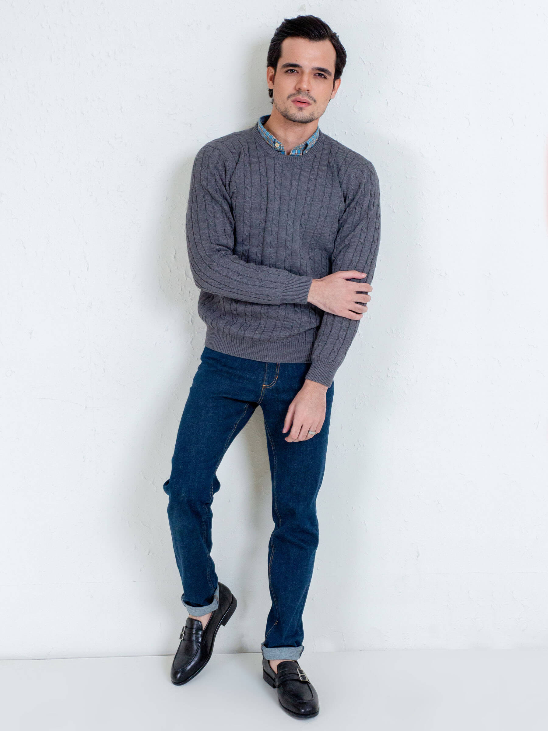 Classic Grey Cable Knit Crew Neck Sweater