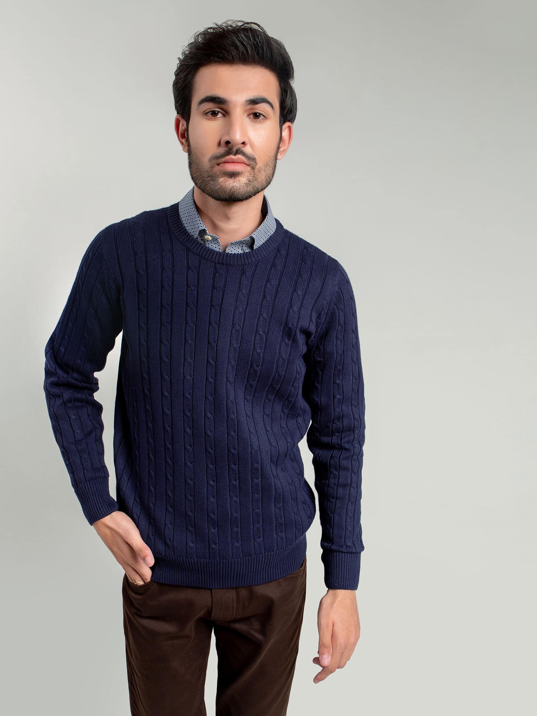 Classic Navy Cable Knit Crew Neck Sweater