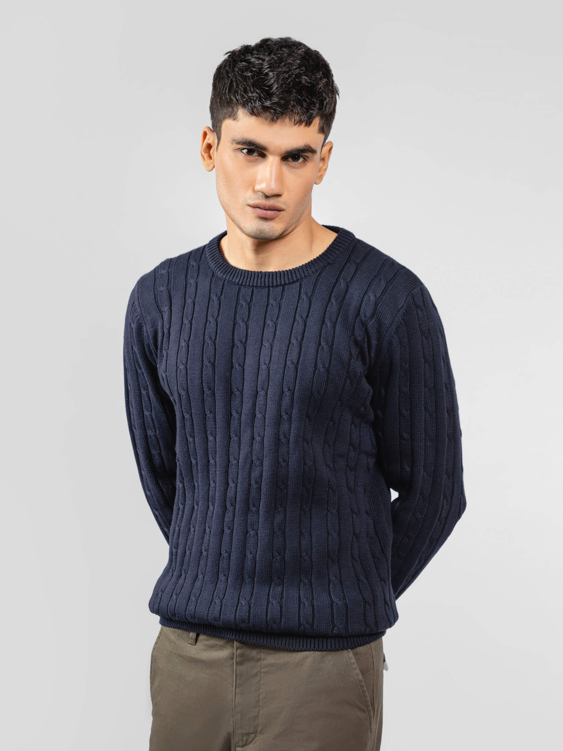 Classic Navy Blue Cable Knitted Crew Neck Jumper