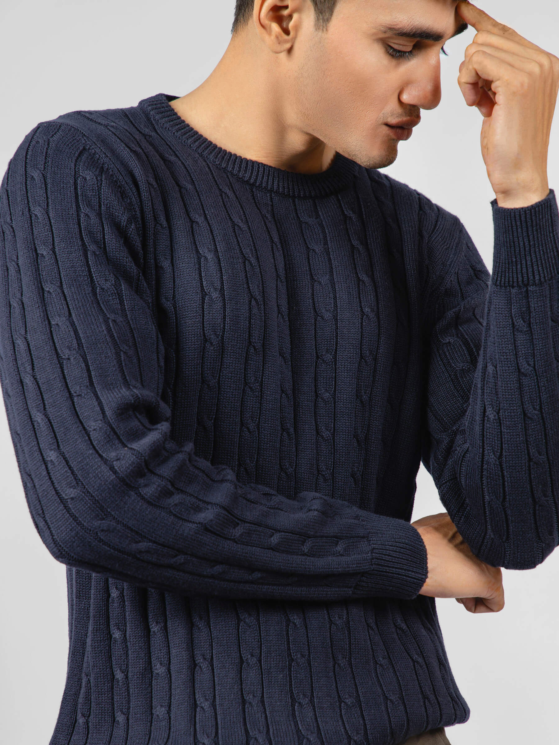 Classic Navy Blue Cable Knitted Crew Neck Jumper