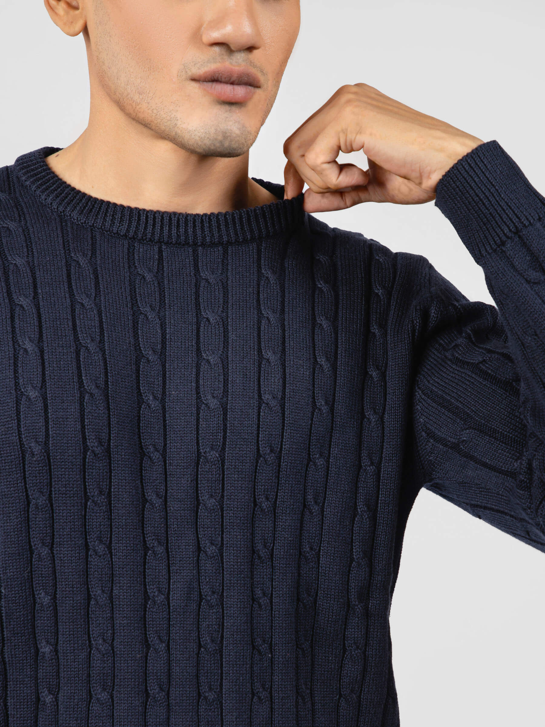 Classic Navy Blue Cable Knitted Crew Neck Jumper