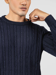 Classic Navy Blue Cable Knitted Crew Neck Jumper