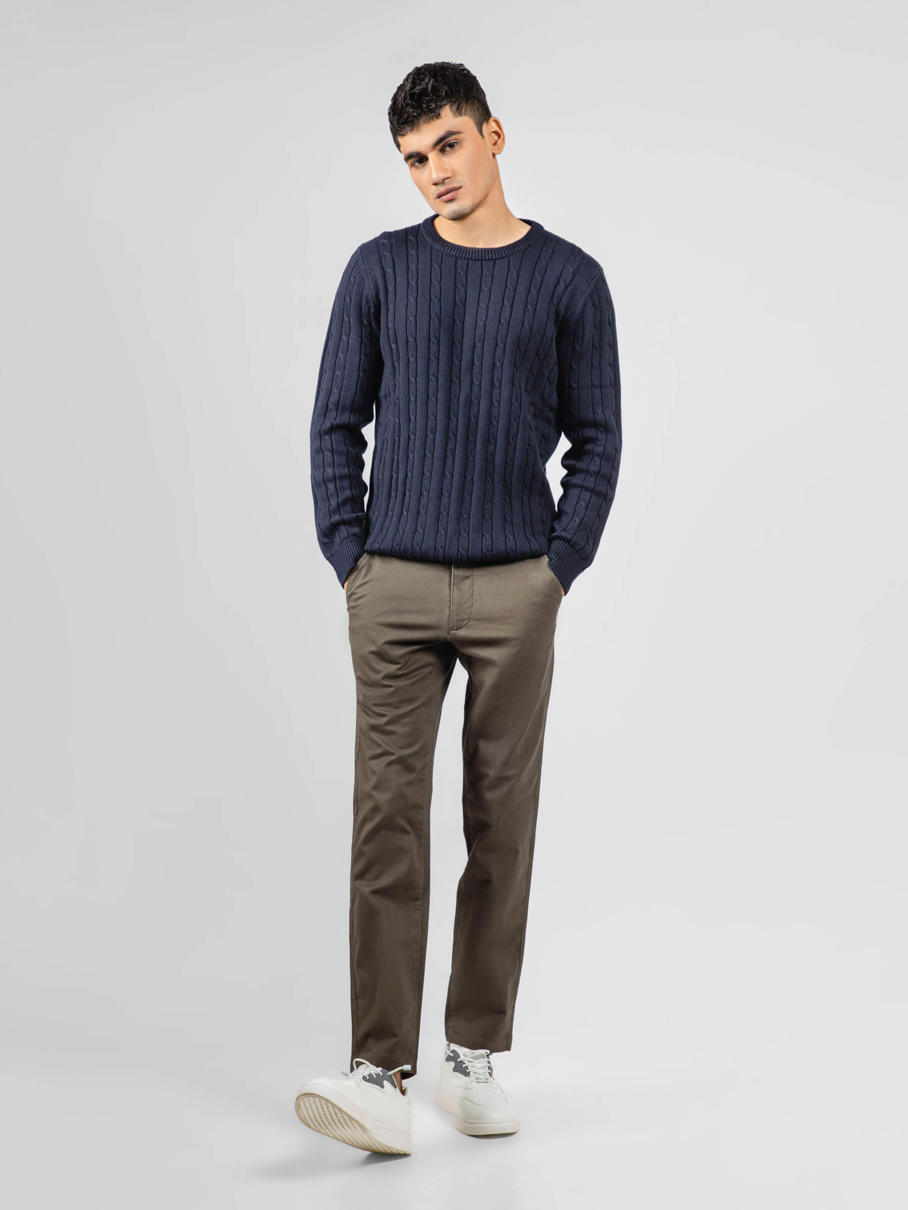 Classic Navy Blue Cable Knitted Crew Neck Jumper
