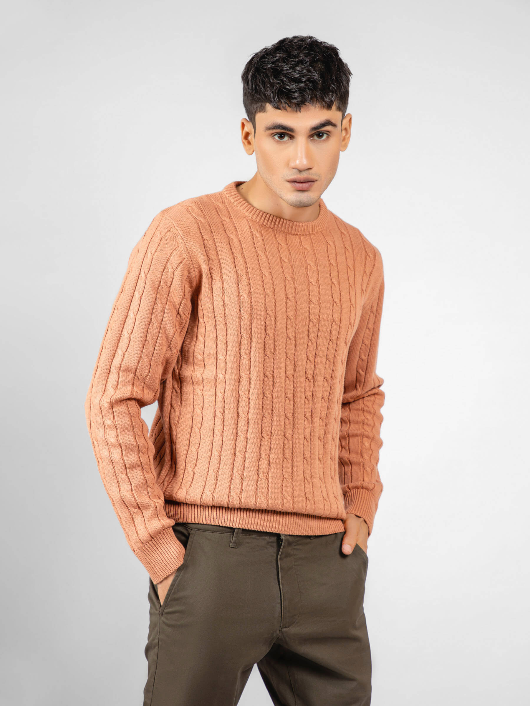 Classic Peach Cable Knitted Crew Neck Jumper