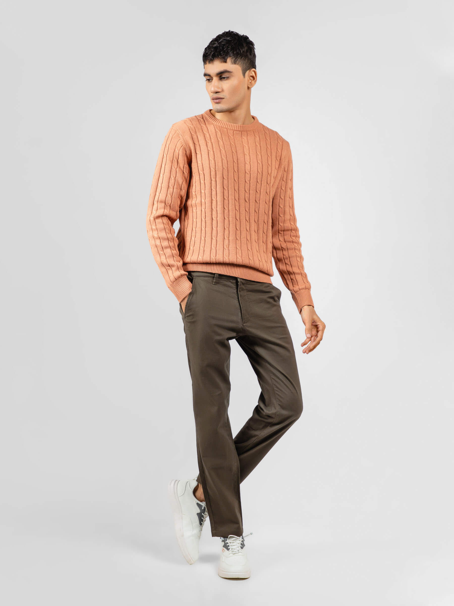 Classic Peach Cable Knitted Crew Neck Jumper