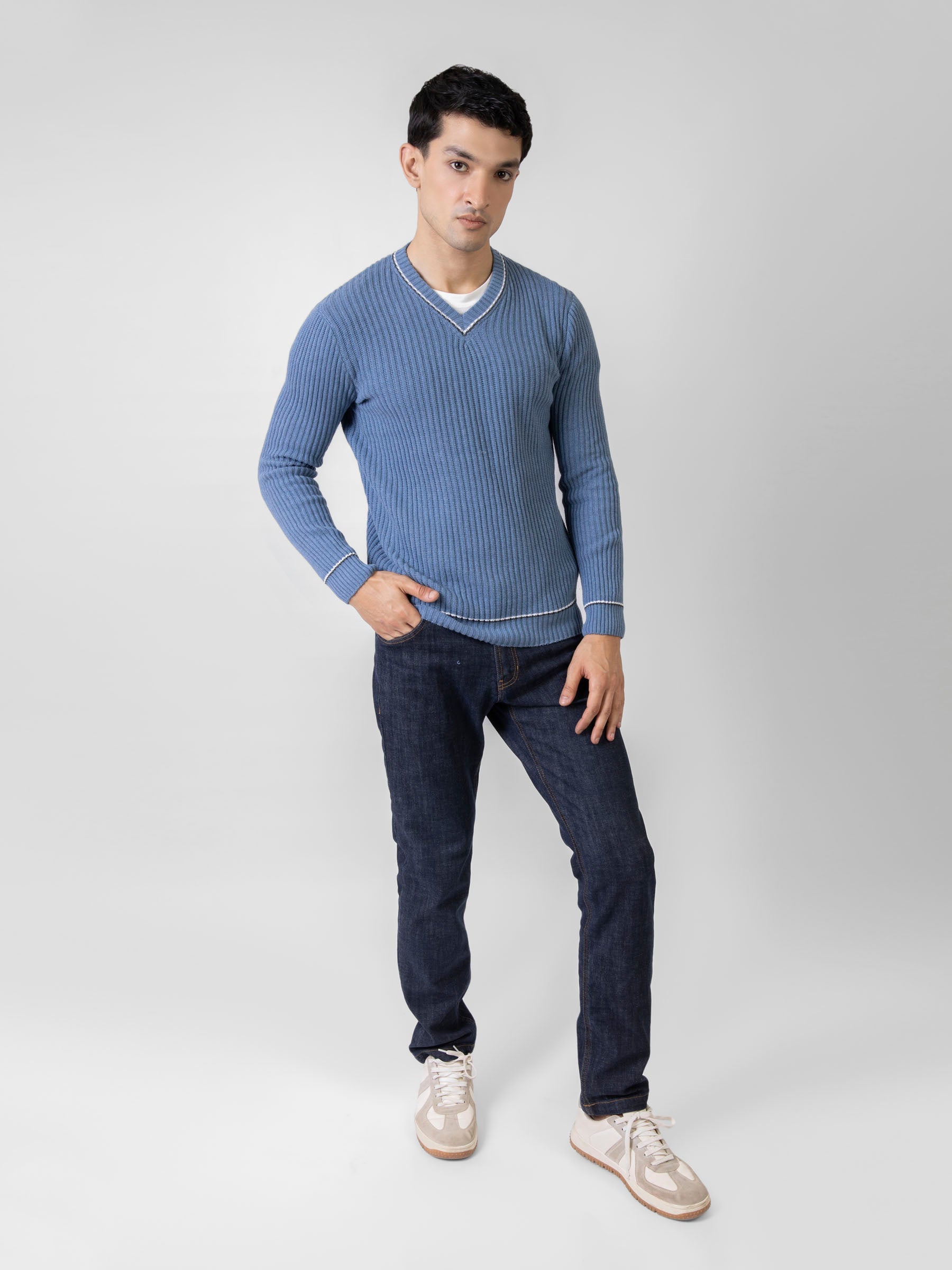 Cobalt Blue Chunky Knitted V-Neck Sweater