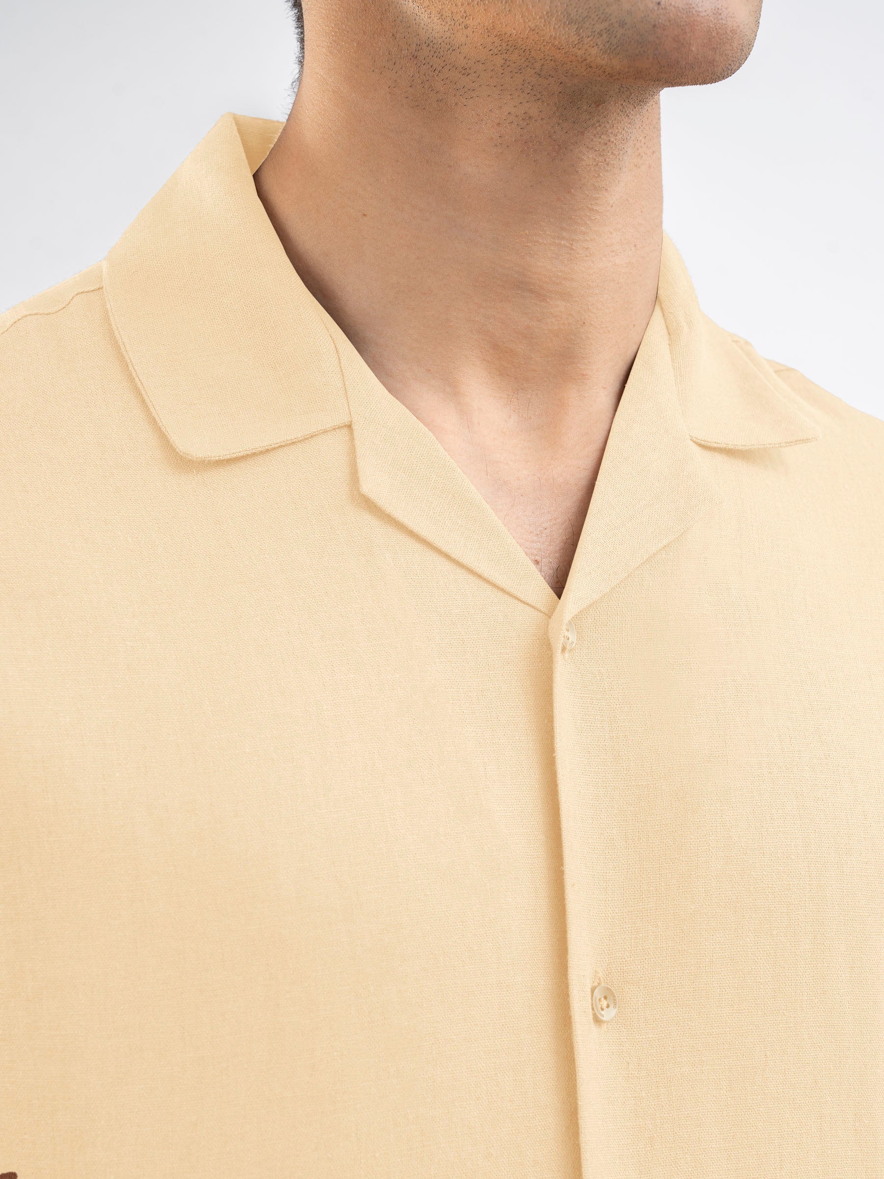 Cream Linen Blended Half Sleeve Cuban Collar Shirt