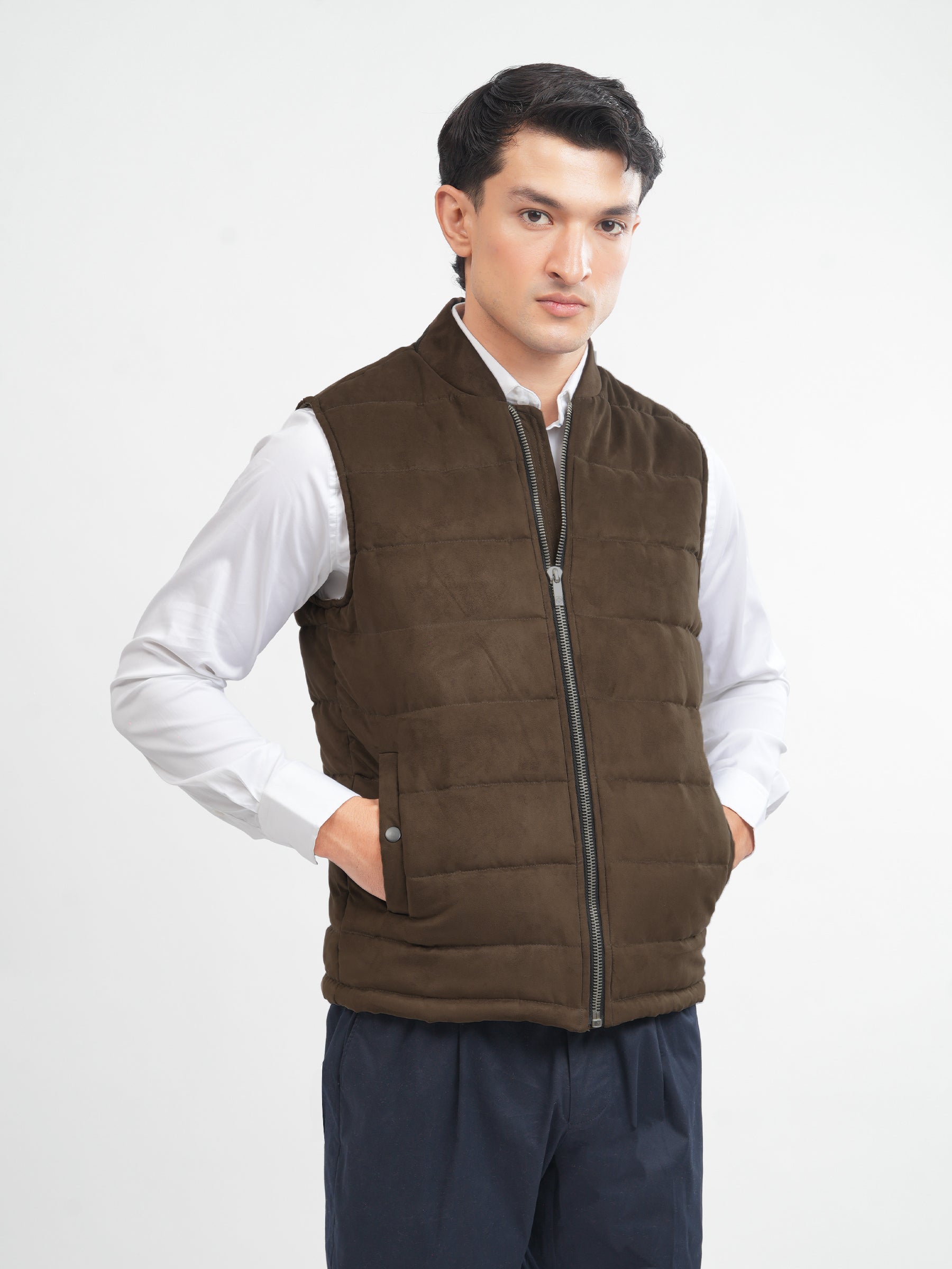 Dark Brown Suede Sleeveless Gillet Jacket