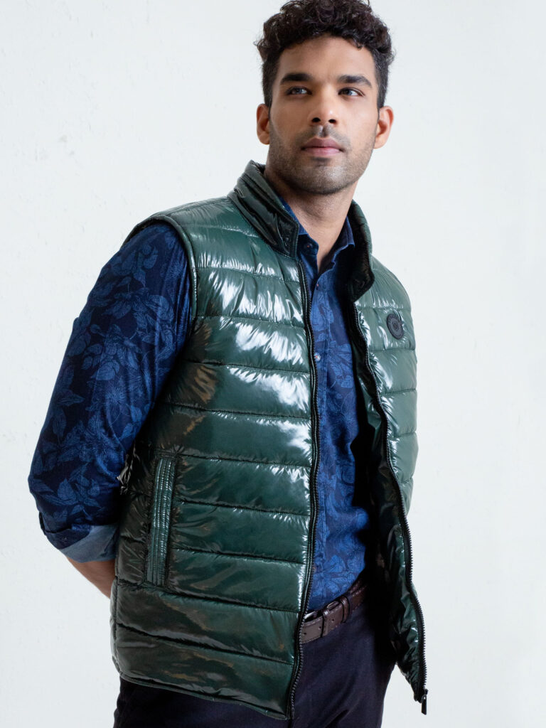 Dark Green Shiny Puffer Sleeveless Vest