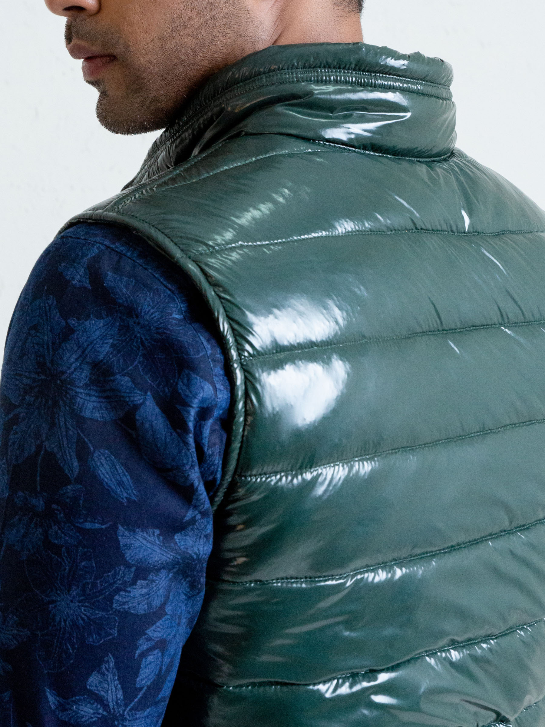 Dark Green Shiny Puffer Sleeveless Vest