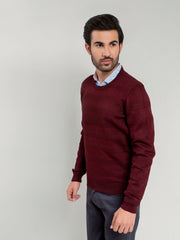 Dark Maroon Textured Crew Neck Sweater