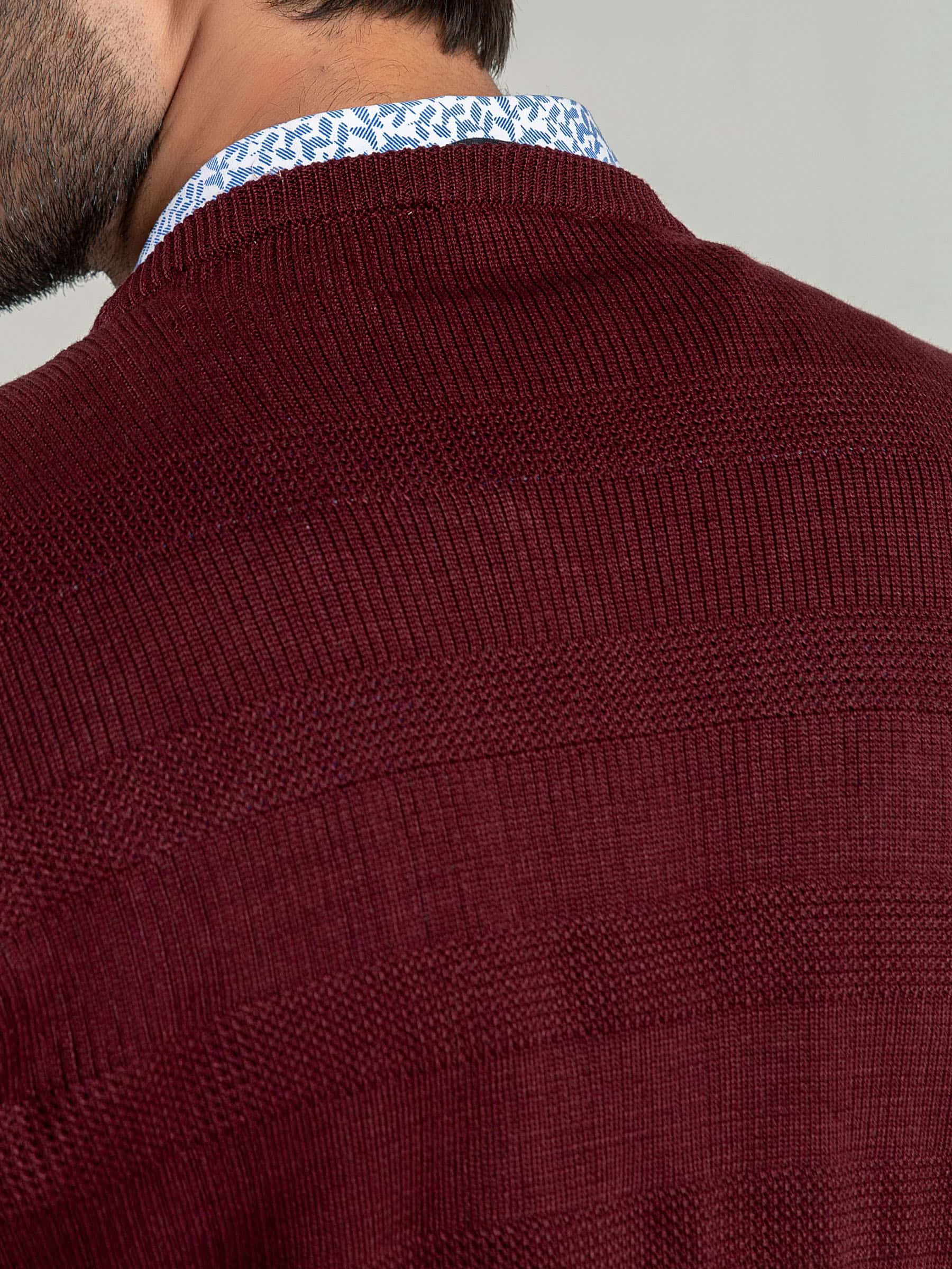 Dark Maroon Textured Crew Neck Sweater