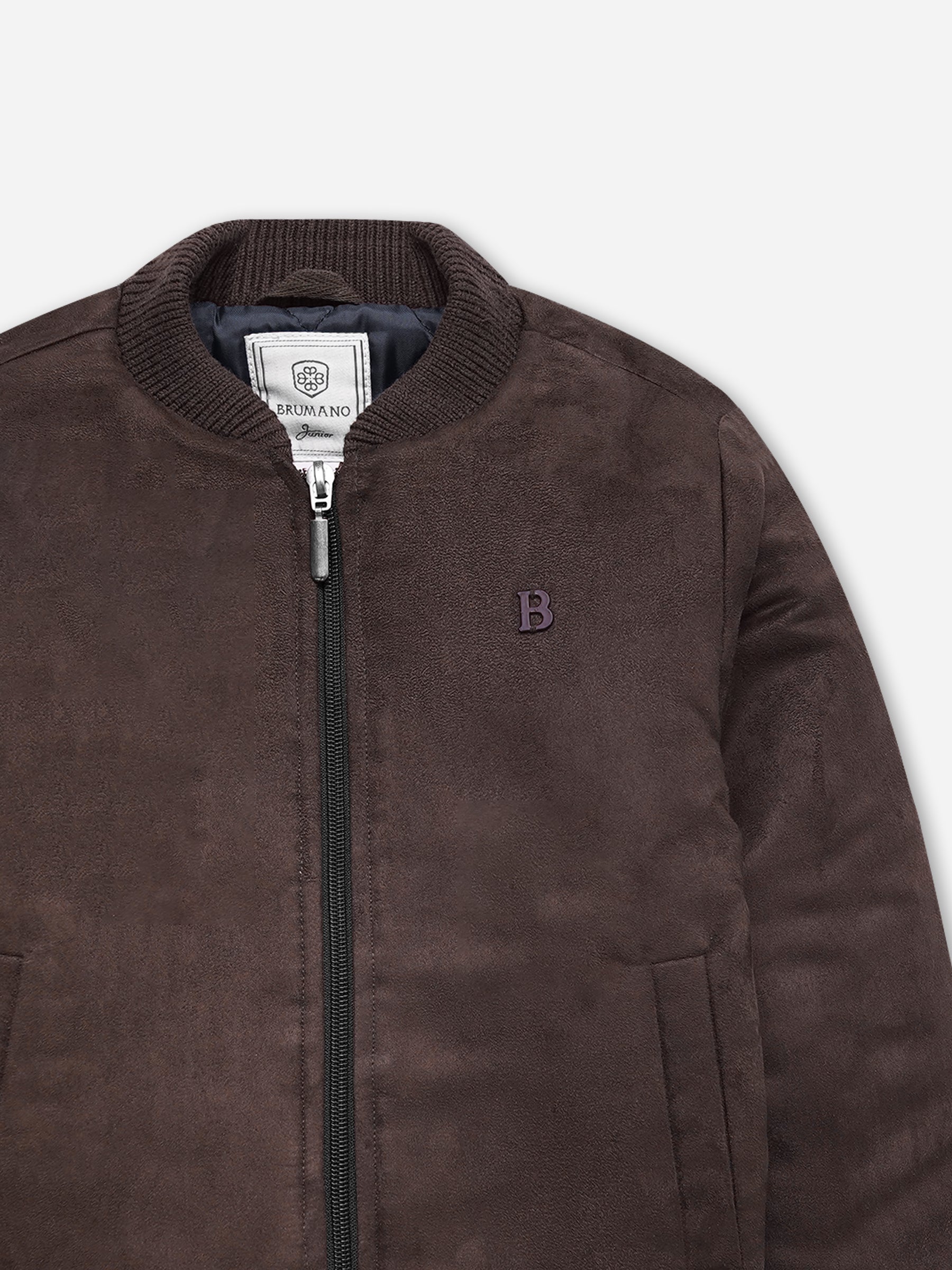 Dark Brown Faux Suede Quilted Bomber Jacket - Junior