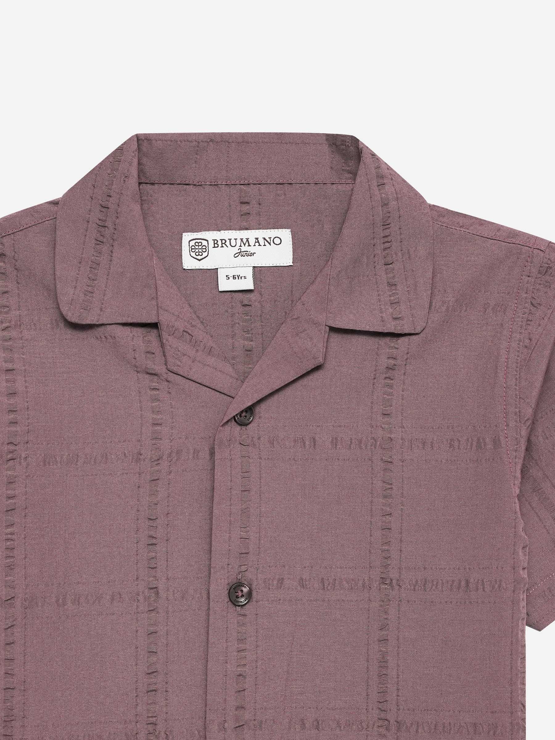 Dark Tea Pink Seersucked Casual Cuban Collar Shirt - Junior