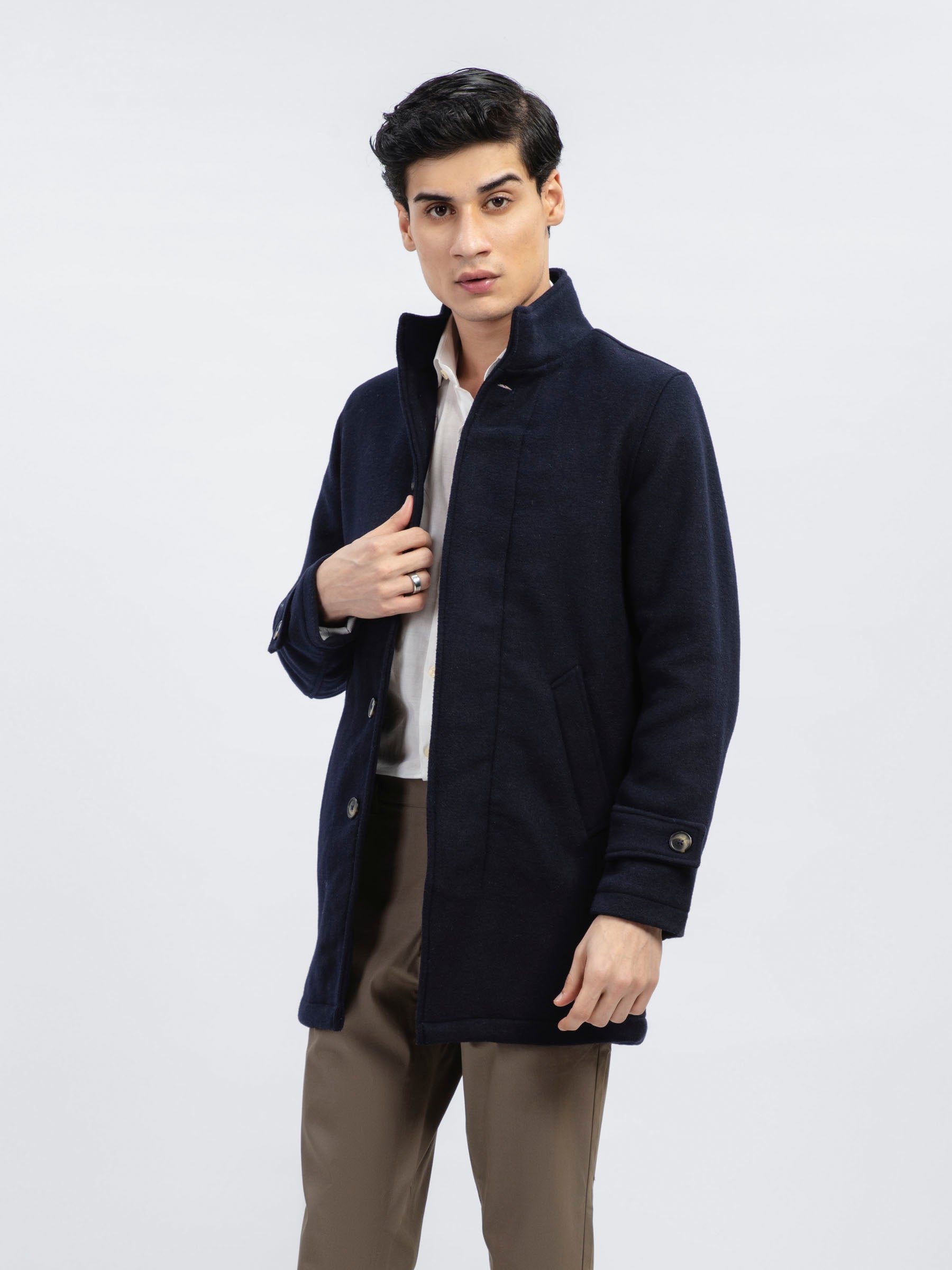 Dark Blue Wool Blended Long Coat - Limited Edition